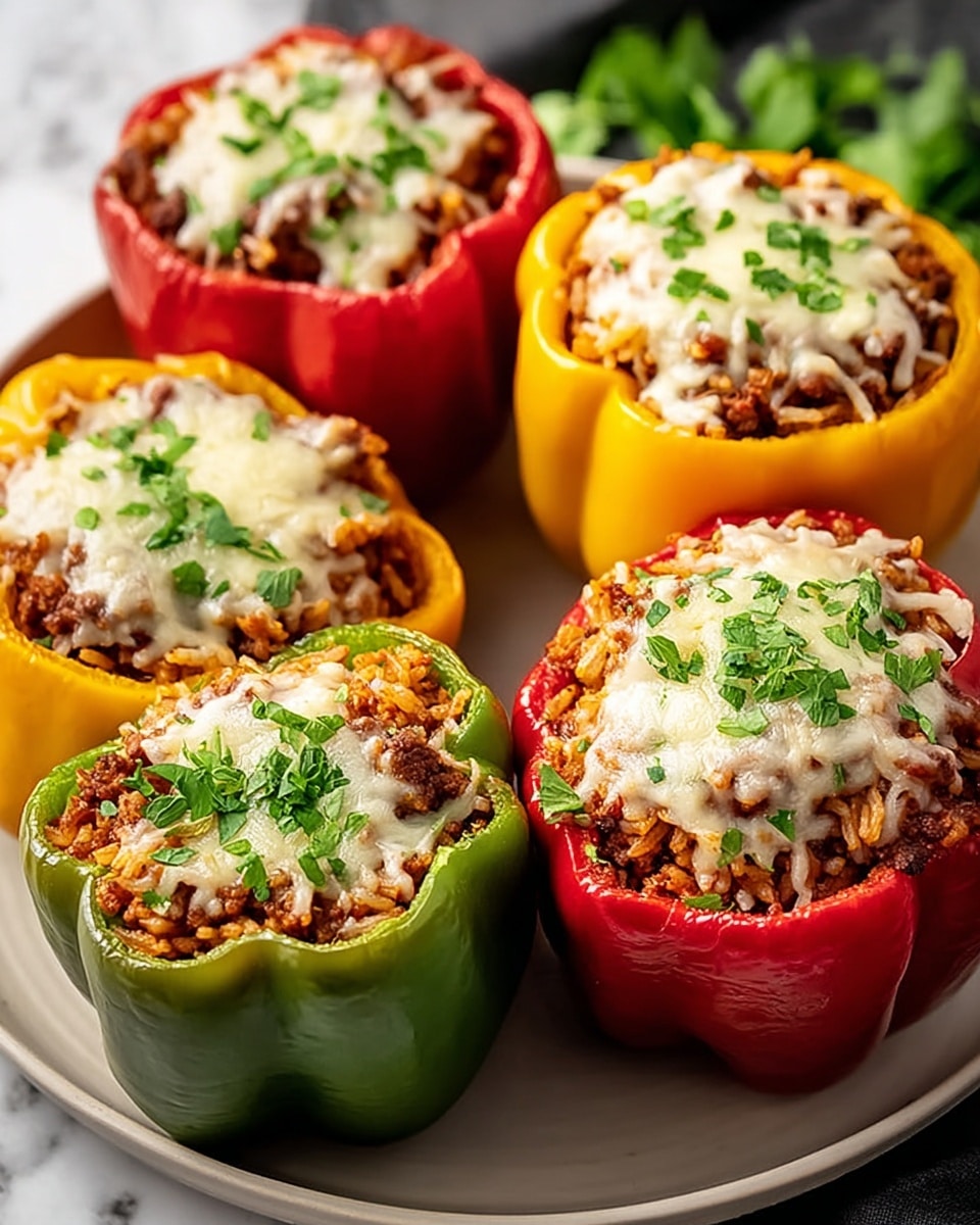 The image shows five stuffed bell peppers placed on a round white plate. Each pepper acts as a colorful bowl, with red, green, and yellow peppers filled to the top with a mix of cooked ground meat and rice. The filling is topped with melted white cheese sprinkled with chopped green herbs. The peppers are arranged closely together on a white marbled surface, highlighting their vibrant colors and textures. Photo taken with an iphone --ar 4:5 --v 7
