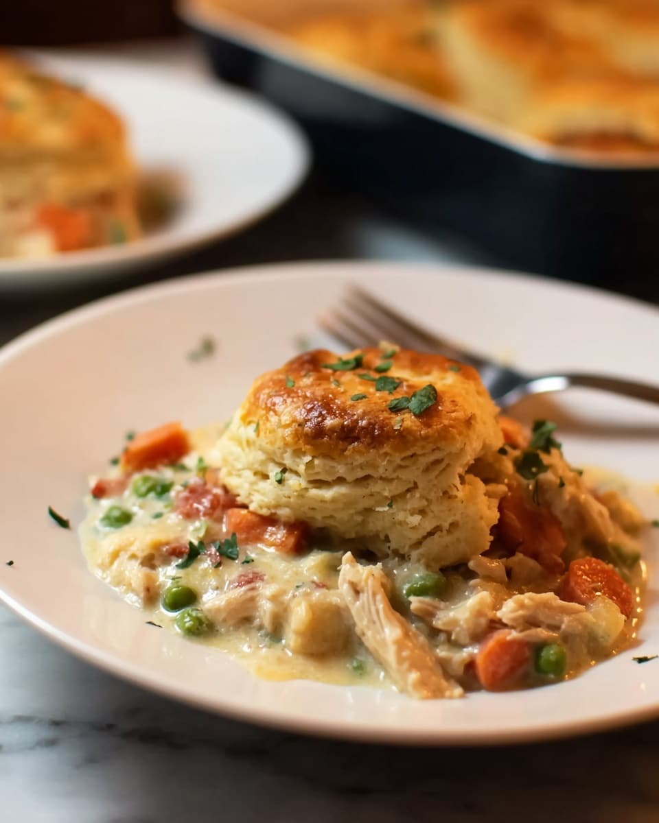 A close-up of a white plate holds a serving of chicken pot pie with two main layers: the bottom layer consists of thick creamy chicken stew with pieces of shredded chicken, bright orange carrot chunks, and green peas in a light-colored sauce, while the top layer is a golden-brown, flaky biscuit crust sprinkled with small bits of fresh green herbs. The dish sits on a white marbled surface, and a fork is partially visible beside the plate. The background is softly blurred but shows another plate with a similar serving and a dark baking dish. photo taken with an iphone --ar 4:5 --v 7