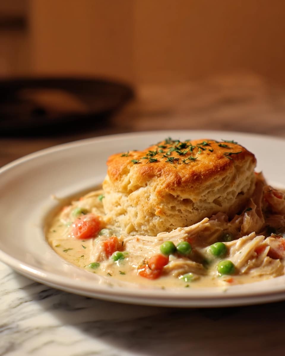 A white plate with a thick, golden-brown biscuit sitting on top, sprinkled with small green herbs. Underneath the biscuit, there is a creamy mix of shredded white chicken, soft orange carrot pieces, and bright green peas mixed in a smooth light-colored sauce. The biscuit looks fluffy on the inside, and the sauce pools slightly around the base on the plate. The background shows a soft white marbled texture with a warm, cozy lighting. photo taken with an iphone --ar 4:5 --v 7