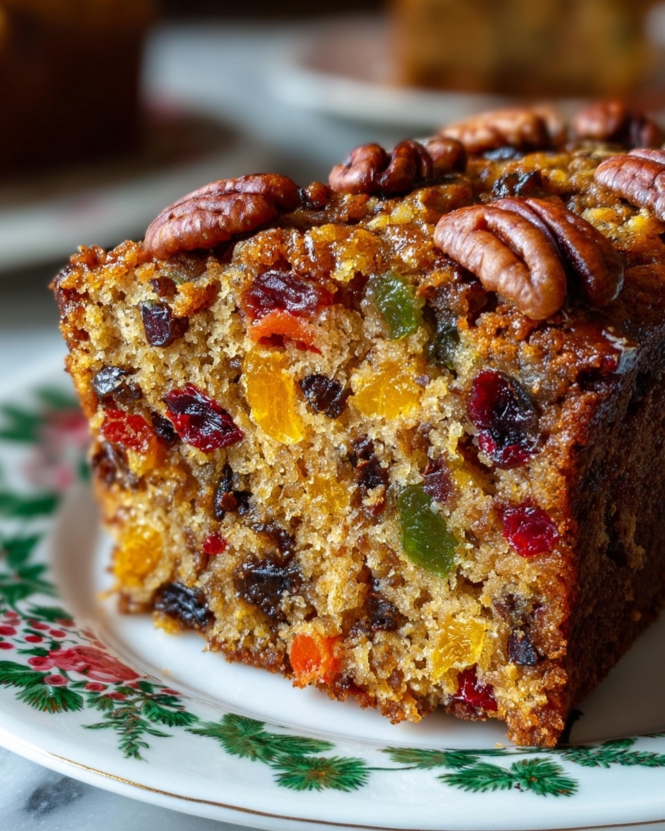 A close-up shot of a slice of fruitcake on a white plate with a green floral pattern, showing a dense, moist texture filled with colorful dried fruits including red, orange, yellow, and green pieces throughout the cake. The top layer is golden-brown and slightly crispy, decorated with whole pecans placed unevenly on the surface. The fruitcake slice is thick and rectangular, with a rough crumb texture and visible nuts inside. The scene is set on a white marbled texture. photo taken with an iphone --ar 4:5 --v 7