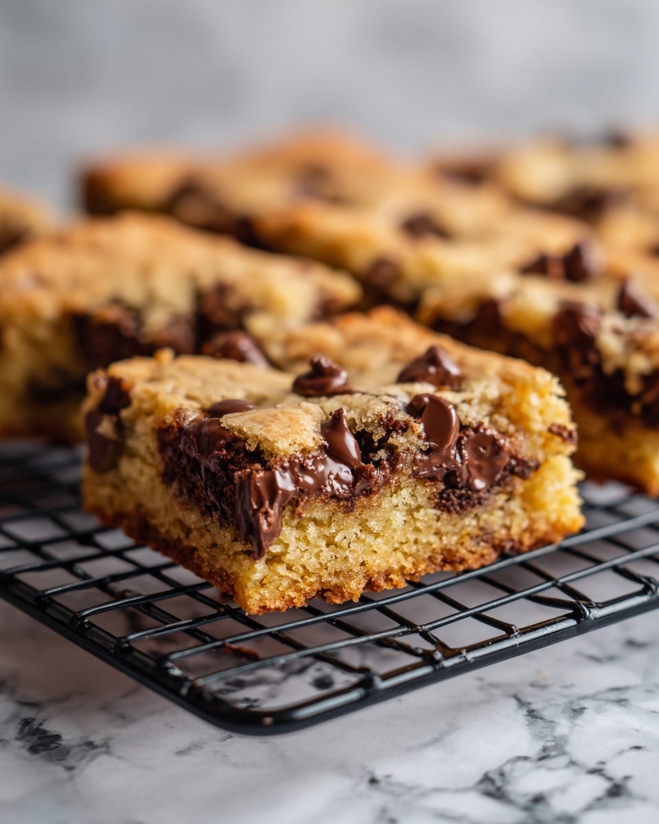 A close-up view of a square cookie bar resting on a black wire cooling rack, showing a golden-yellow base with a soft, crumbly texture. The cookie bar is filled and topped with melted dark brown chocolate chips that are glossy and slightly pooled in some areas. The edges of the cookie are slightly crispy with hints of caramelization, and the inside looks moist and chewy with visible chocolate chips scattered throughout. The background features a blurred white marbled texture. Photo taken with an iphone --ar 4:5 --v 7