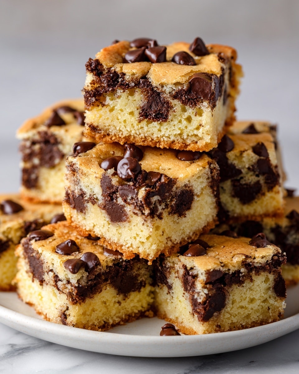 A pile of square chocolate chip blondies stacked on a white plate sits on a white marbled surface. Each blondie piece has one layer, showing a soft, moist yellow cake base filled evenly with melted dark chocolate chips that create small gooey patches throughout. The top layer is golden with scattered chocolate chips slightly melted into the surface. The blondies have a crumbly, tender texture visible from the bites taken out of some pieces. Photo taken with an iphone --ar 4:5 --v 7
