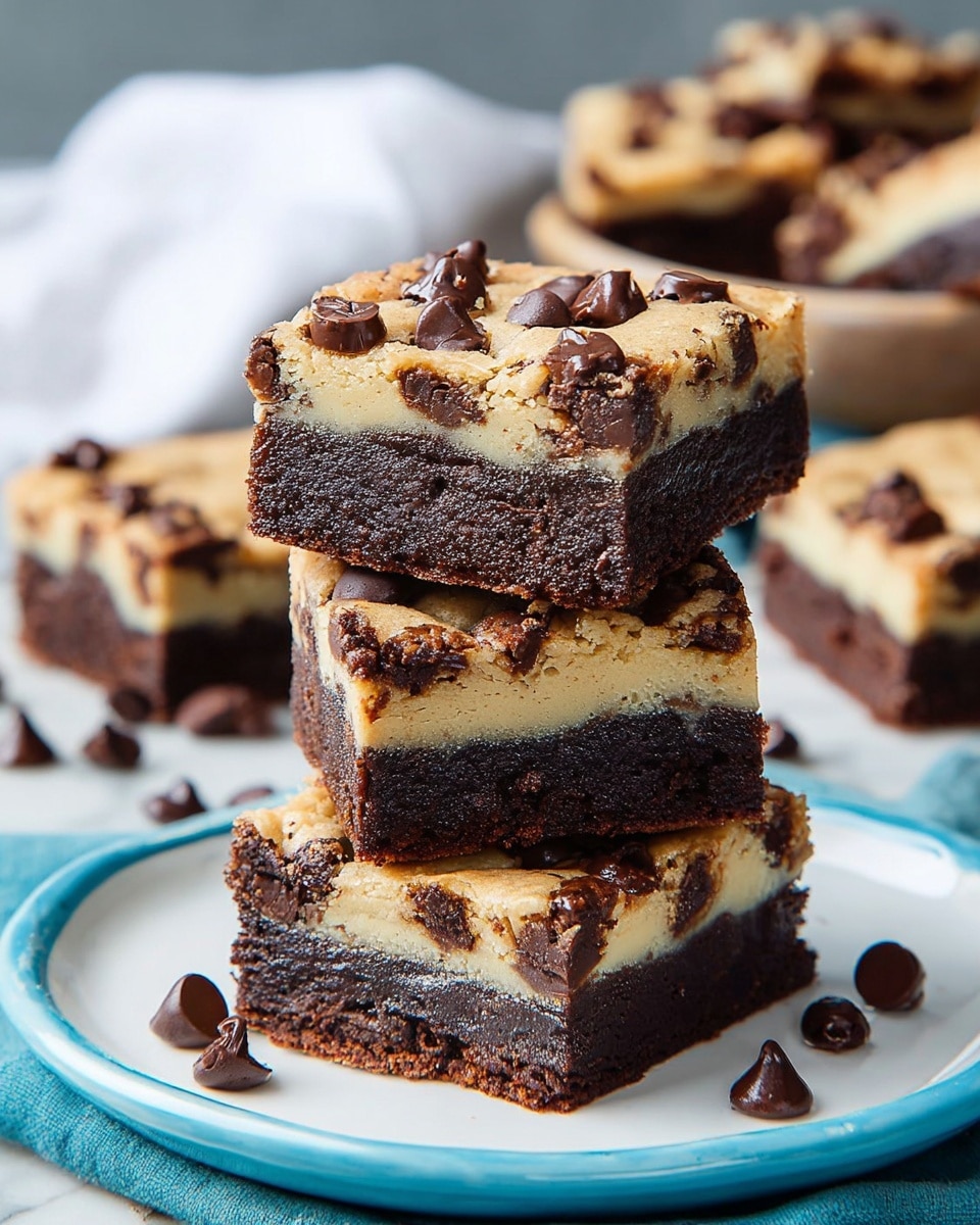 A stack of four square layered brownies sits on a white plate with blue edges, placed on a white marbled surface. Each brownie has two thick layers: the bottom layer is dark brown and fudgy with a smooth texture, while the top layer is light golden cream with a soft, cookie-like texture dotted generously with shiny dark chocolate chips. A few broken brownie pieces with visible gooey chocolate chips are scattered around the plate. In the background, there is a white cloth and a blurry bowl filled with more brownies. The photo taken with an iphone --ar 4:5 --v 7