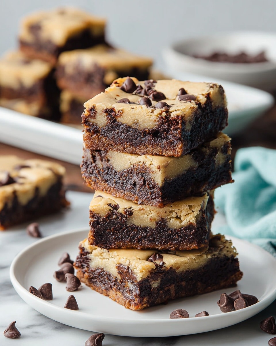 A stack of five square layered bars sits on a white plate, each bar showing two distinct layers: the bottom layer is dark brown and fudgy with a moist texture, while the top layer is light beige with chocolate chips embedded and a slightly crumbly texture. The bars are thick, with a clear contrast between the chocolate chip cookie dough on top and rich brownie beneath. Scattered chocolate chips and broken bits of the bars lay around the plate, which rests on a white marbled surface. In the background, there is a white marbled tray with more bars on a white bowl and a white cloth. Photo taken with an iphone --ar 4:5 --v 7