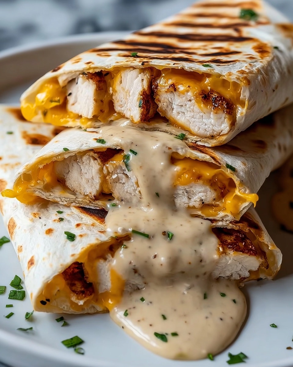 Two grilled tortillas folded and stacked on a white plate, each filled with thick slices of browned, grilled chicken breast, melted orange cheddar cheese sprinkled throughout, and creamy light beige sauce dripping over the edges, garnished with small pieces of fresh green herbs. The tortillas have clear dark grill marks, and the sauce shows tiny black specks of seasoning. One tortilla is partially cut to reveal the filling clearly. The background is a white marbled texture. Photo taken with an iphone --ar 4:5 --v 7
