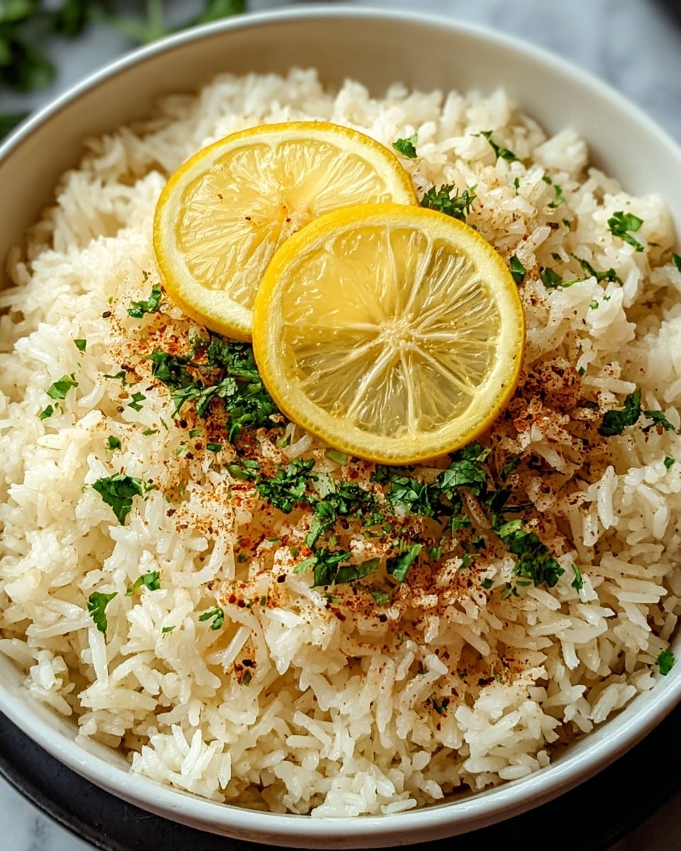 A bowl filled with fluffy white rice forms the base layer, with a slightly glossy texture showing individual grains. On top of the rice, there is a light sprinkle of chopped green herbs and a dusting of brownish-red spice evenly spread, adding small pops of color. Two thin, circular lemon slices rest on the very top, their yellow hue bright and translucent, displaying the lemon’s inner segments and subtle texture. The bowl is white, placed on a white marbled surface, creating a clean and fresh look. photo taken with an iphone --ar 4:5 --v 7