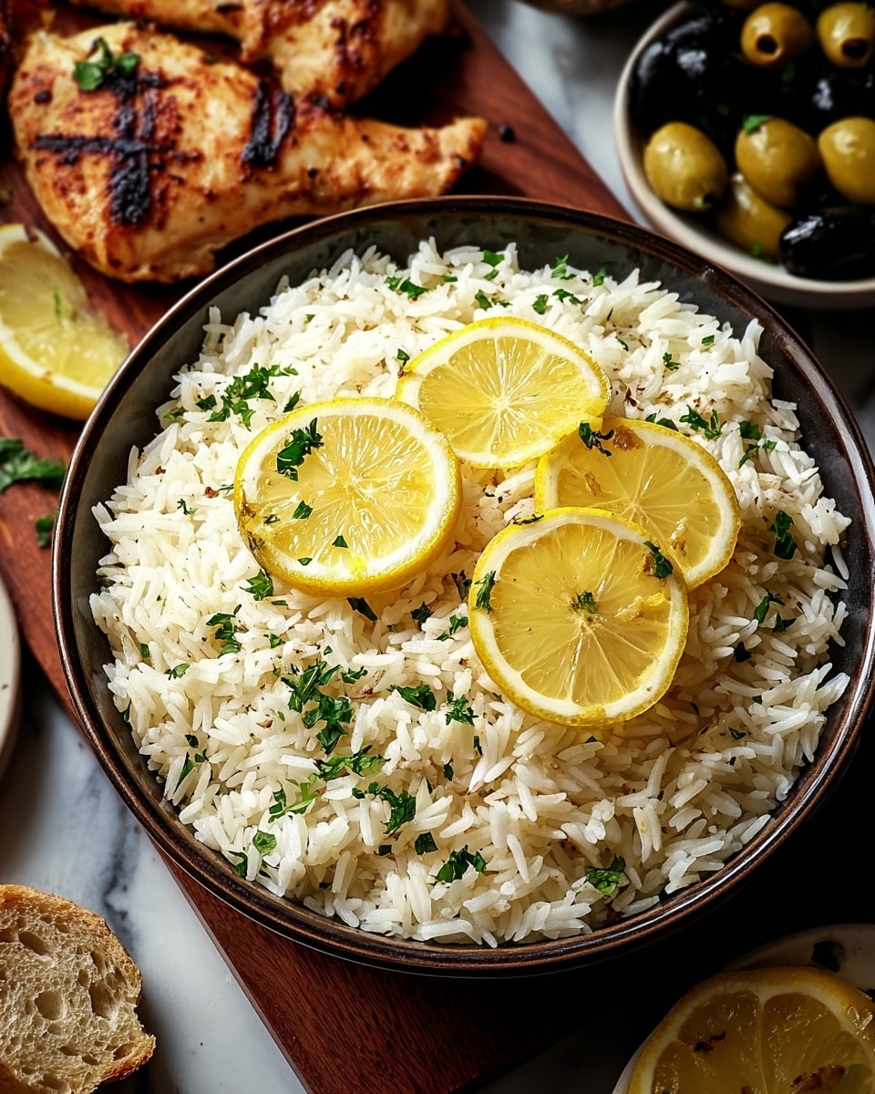 A bowl filled with fluffy white rice forms the base, garnished on top with finely chopped green herbs and three thin yellow lemon slices positioned on and around the rice. The bowl is dark and round, placed on a wooden surface that contrasts with the bright food. Around the bowl, there are pieces of grilled chicken with a golden brown color and some lemon wedges. Parts of bread and a small dish containing black and green olives are visible in the background, all set on a white marbled texture. Photo taken with an iphone --ar 4:5 --v 7