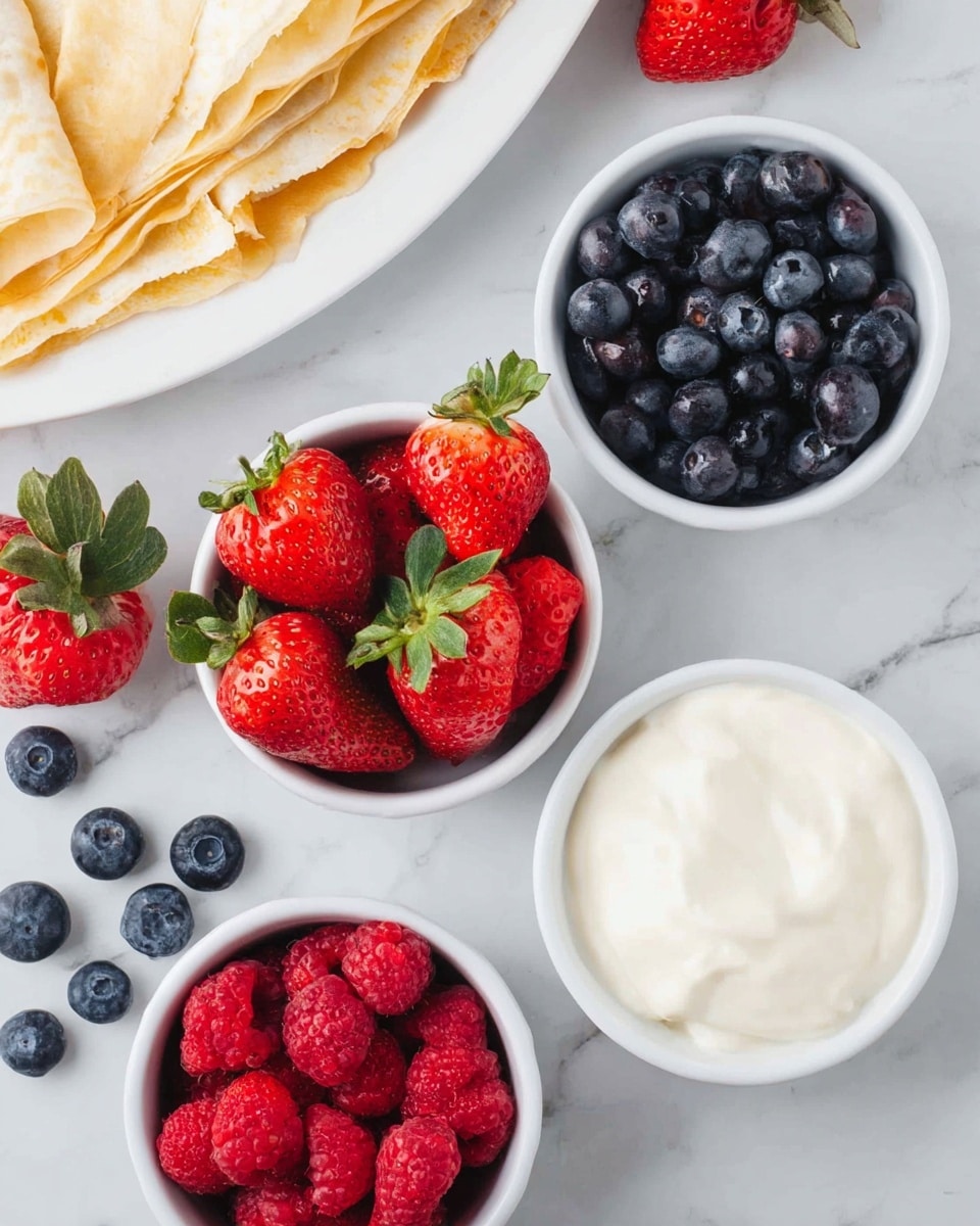 The image shows four small white bowls arranged on a white marbled surface, each filled with different colorful ingredients. One bowl holds bright red strawberries with green leaves, another is filled with dark blue blueberries, the third contains fresh red raspberries, and the last bowl has smooth, creamy white yogurt. Nearby, scattered on the surface, are some loose blueberries and raspberries. On the left side, there is a white plate with folded light golden crepes, their delicate, thin texture visible. The whole scene looks fresh and inviting. photo taken with an iphone --ar 4:5 --v 7