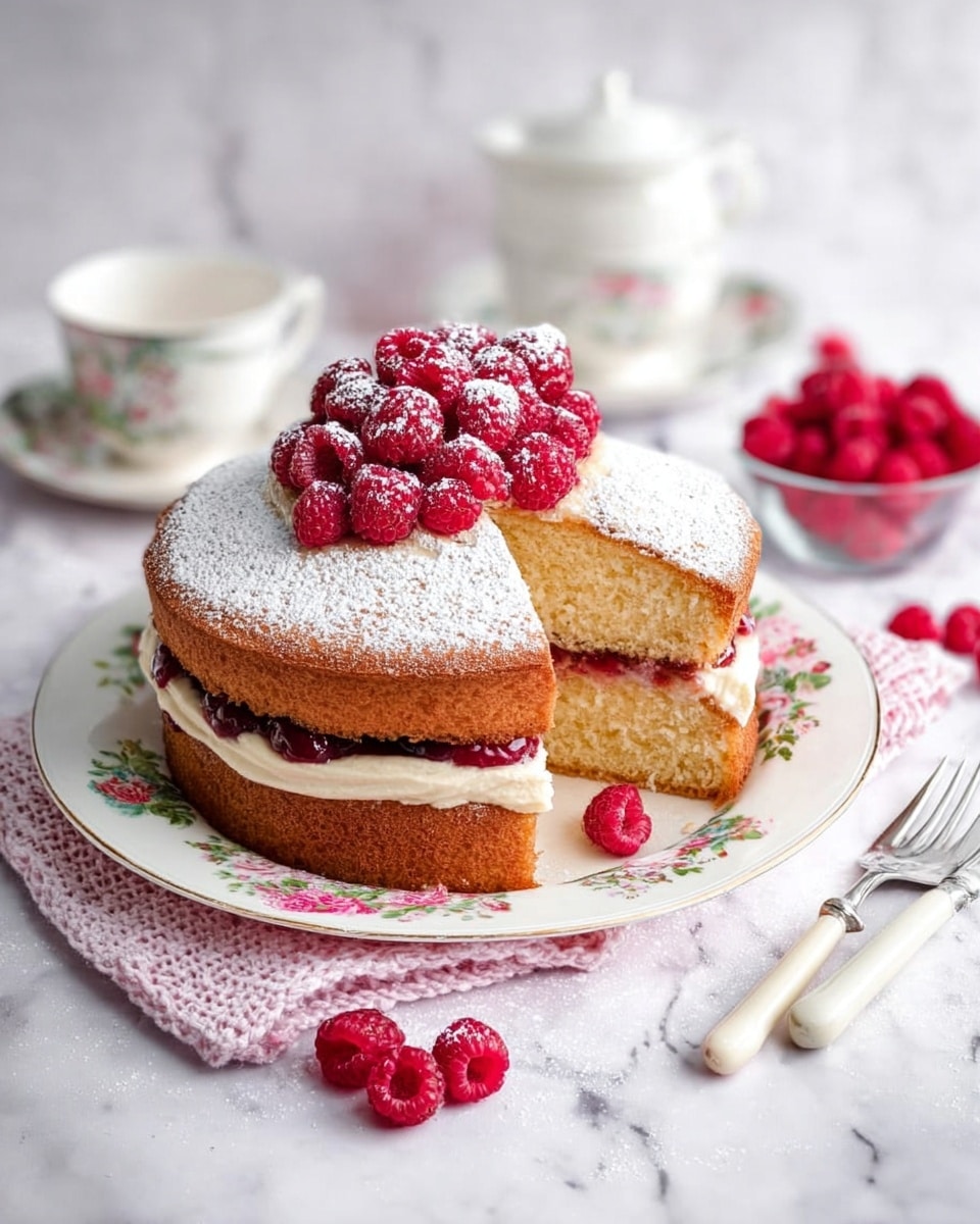 A two-layer vanilla sponge cake sits on a white plate with a floral pattern, the cake has a thick layer of white cream between the layers mixed with some red raspberry jam. The top of the cake is dusted with white powdered sugar and piled high with fresh red raspberries. The cake is cut to show the soft inside layers. Around the plate, some fresh raspberries lay on a light pink knitted cloth on a white marbled surface. On the right side, there is a clear glass bowl filled with raspberries and two forks with white handles nearby. In the blurred background, white teacups and a teapot are stacked. Photo taken with an iphone --ar 4:5 --v 7