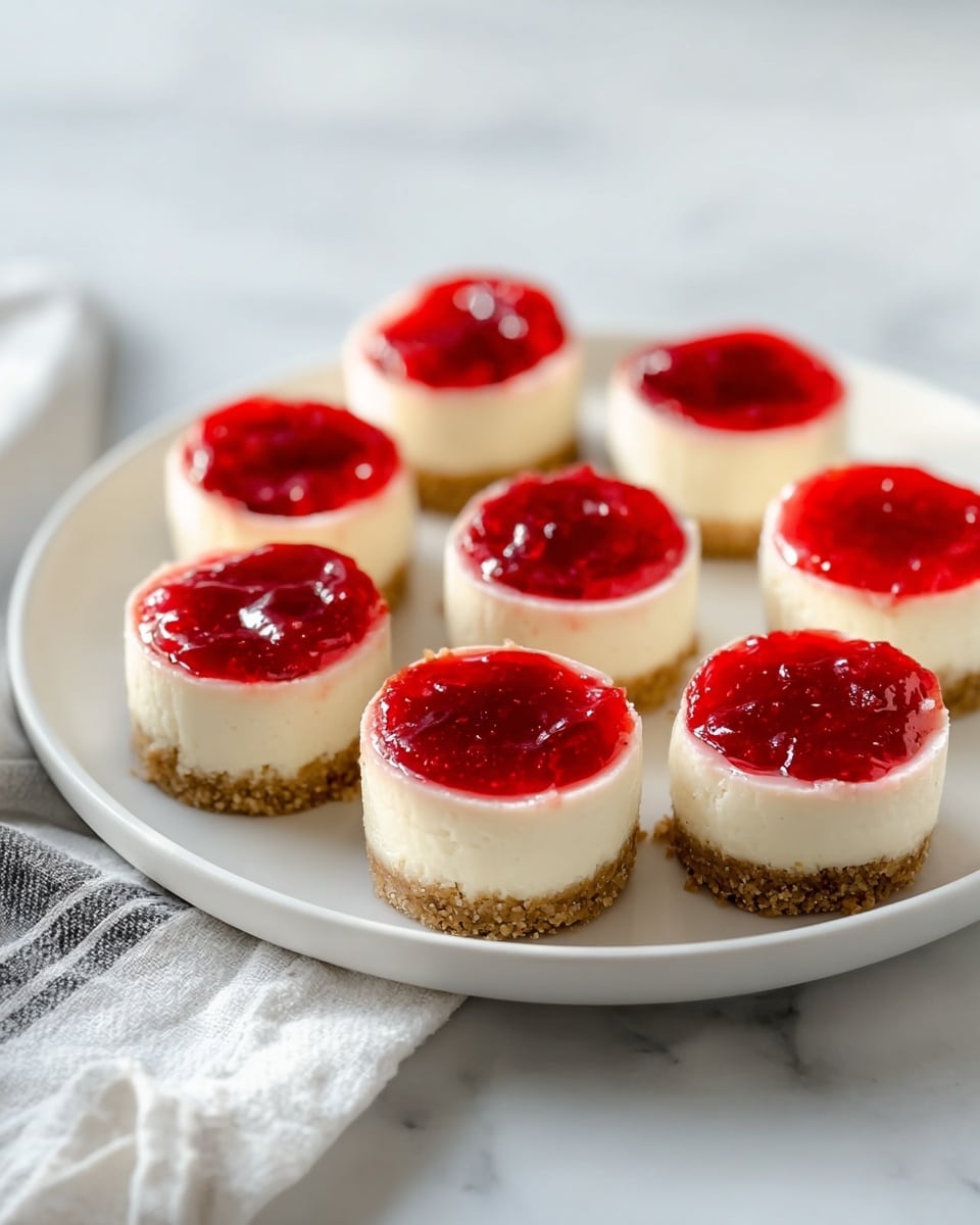 Seven small round cheesecakes are arranged on a white plate, each with three visible layers. The bottom layer is a light brown crumbly crust, the middle layer is a smooth creamy white cheesecake, and the top layer is a bright red glossy strawberry or raspberry jelly. The cheesecakes show slight texture on the crust and a shiny, even finish on the jelly. The plate sits on a white marbled surface, with soft natural light illuminating the scene, and a white and gray cloth is partially visible in the corner. Photo taken with an iphone --ar 4:5 --v 7