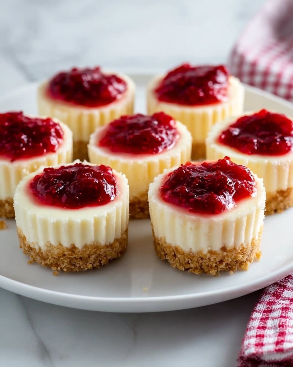 A white plate holds six mini cheesecakes arranged in a loose circle. Each cheesecake has three layers: a crumbly, golden-brown crust at the bottom, a thick and smooth white cheesecake layer in the middle with a ridged texture around the sides, and a glossy bright red raspberry topping that looks slightly chunky and shiny placed on top, slightly rounded. The plate sits on a white marbled surface, and a red and white checkered cloth is partially visible near the bottom right corner. photo taken with an iphone --ar 4:5 --v 7