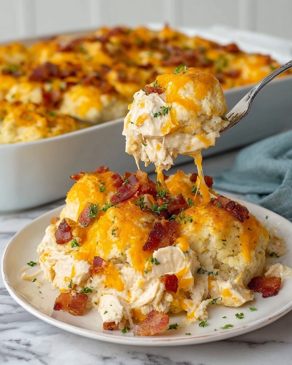 A white plate is filled with a layered dish starting at the bottom with chunks of white chicken mixed with creamy sauce. On top of this is a thick layer of light, fluffy biscuit dough, golden on the edges with a soft, crumbly texture. The biscuit layer is covered with melted bright orange cheddar cheese that stretches as a silver fork lifts a piece. Crispy brown bacon bits and small green parsley pieces are sprinkled over everything, adding texture and color. In the background, a white baking dish holds the rest of the baked dish, all set on a white marbled surface. Photo taken with an iphone --ar 4:5 --v 7