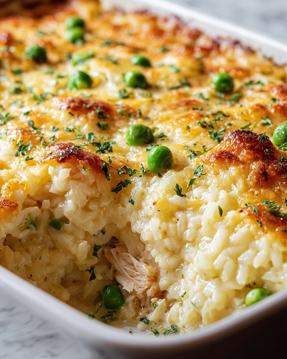 A close-up view of a creamy baked rice dish in a white rectangular dish, showing a golden brown, slightly crispy top layer with melted cheese and small bright green peas scattered on it. Below the top layer is a thick creamy layer of cooked white rice mixed with tender, flaky pieces of white fish. Small bits of finely chopped green herbs are sprinkled on the top, adding some color contrast. The texture of the rice looks soft and moist, and the browned cheese topping has a bubbly, inviting look. The background is a white marbled surface. photo taken with an iphone --ar 4:5 --v 7