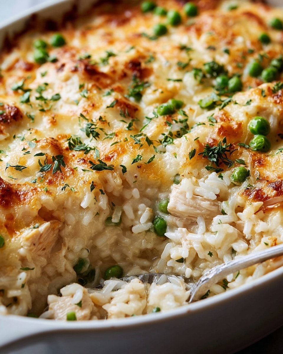 A close-up image of a creamy baked dish in a white ceramic dish showing three layers: the bottom layer is white cooked rice with a soft texture, the middle layer has white chunks of baked chicken, and the top layer is golden brown melted cheese with small green peas and chopped fresh green herbs scattered on top. Part of the dish is scooped out, revealing the creamy rice and chicken inside with a spoon resting in the corner. The background is a white marbled texture. photo taken with an iphone --ar 4:5 --v 7