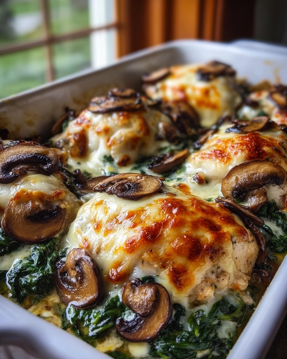 The image shows a white rectangular baking dish filled with baked chicken breasts topped with melted, golden-brown cheese. Underneath the chicken, there is a layer of cooked green spinach mixed with creamy white sauce. Scattered around and on top of the chicken are sliced brown mushrooms, some slightly browned from cooking. The chicken breasts are plump with a nicely browned and bubbly cheese layer that contrasts with the dark green spinach and the earthy mushrooms. The dish is placed against a softly blurred background with a window, and the close-up shot emphasizes the rich textures of the melted cheese, tender spinach, and juicy mushrooms. photo taken with an iphone --ar 4:5 --v 7