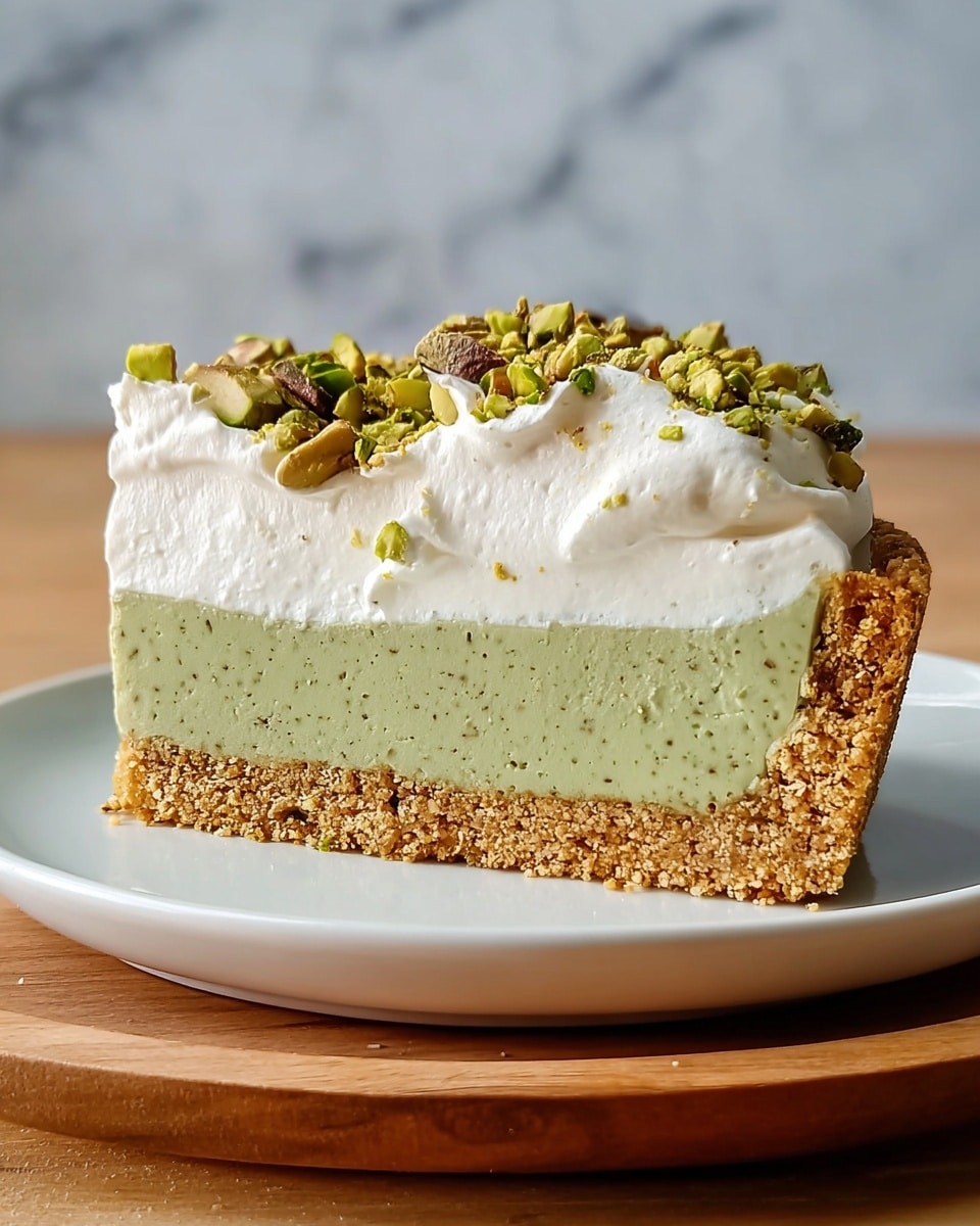 A slice of pie with three clear layers sits on a white plate with a wooden base. The bottom crust layer is thick, crumbly, and golden brown. Above it is a smooth, dense middle layer of pale green with tiny black specks. The top layer is creamy white whipped topping that looks soft and light, sprinkled with chopped green pistachio nuts. The pie slice is set against a white marbled texture background. Photo taken with an iphone --ar 4:5 --v 7