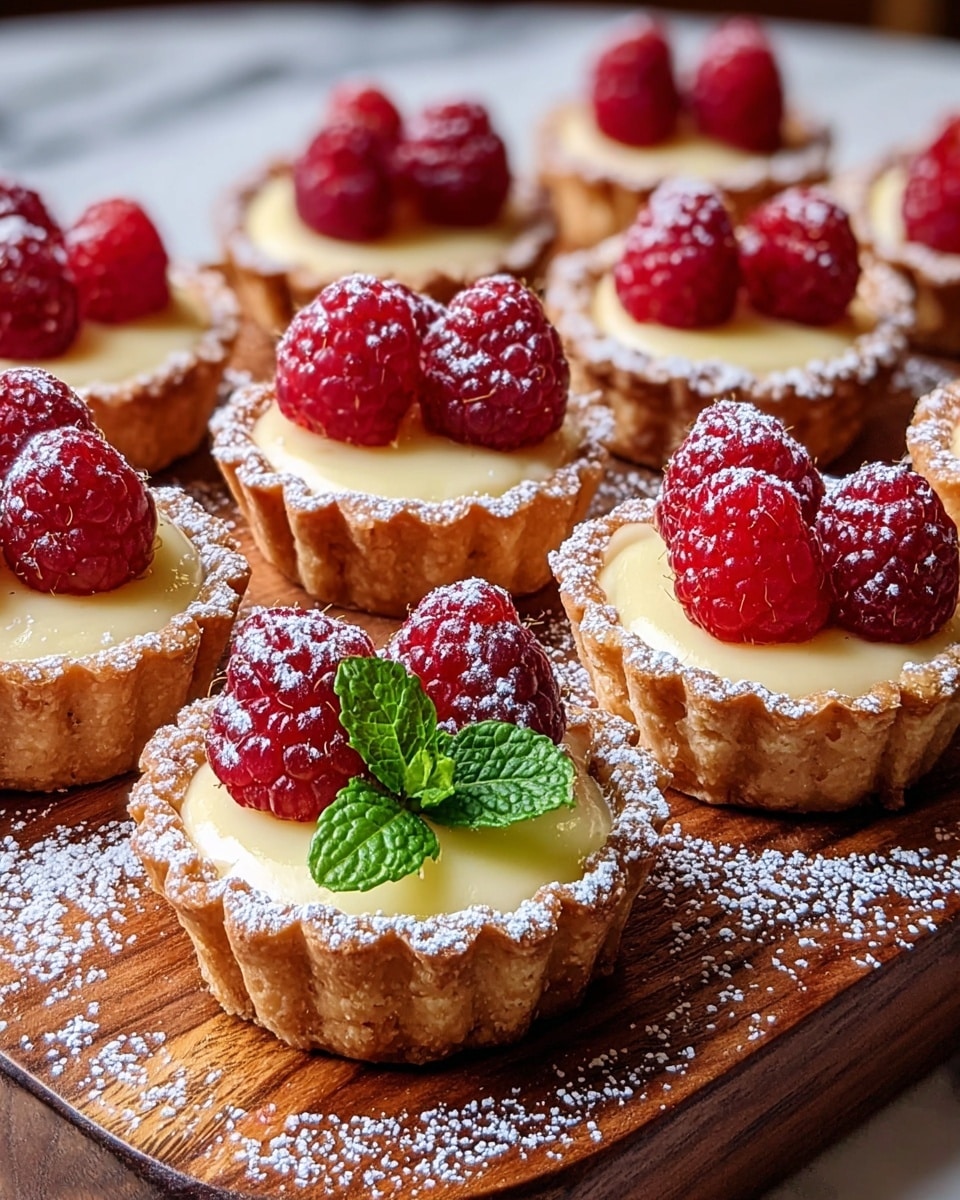 A close-up view of nine small tartlets arranged closely on a wooden board sprinkled with powdered sugar. Each tartlet has a golden brown, crinkled crust as the base layer, filled with a smooth, creamy pale yellow custard in the middle layer. On top of the custard, three bright red raspberries are placed, dusted lightly with powdered sugar. One tartlet in the front center is decorated with a fresh green mint sprig in the middle, adding a pop of color. The wooden board rests on a white marbled surface, creating a warm and inviting scene. photo taken with an iphone --ar 4:5 --v 7