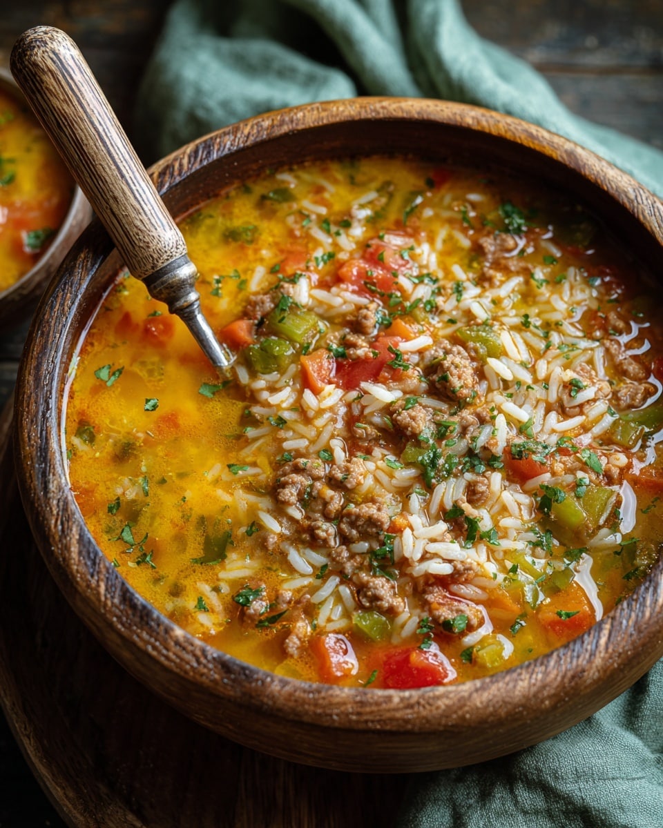 A rustic wooden bowl filled with a hearty soup showing three main layers: the base is a thick, orange-yellow broth with bits of ground meat floating throughout; mixed into the broth are chopped vegetables, including bright green bell peppers and red tomatoes, adding vibrant color and texture; the top layer has long white grains of rice visible, with small green herb pieces sprinkled across the surface, giving a fresh finishing touch, and a spoon with a wooden handle resting inside the bowl. The bowl sits on a wooden surface next to a soft green cloth. Photo taken with an iphone --ar 4:5 --v 7