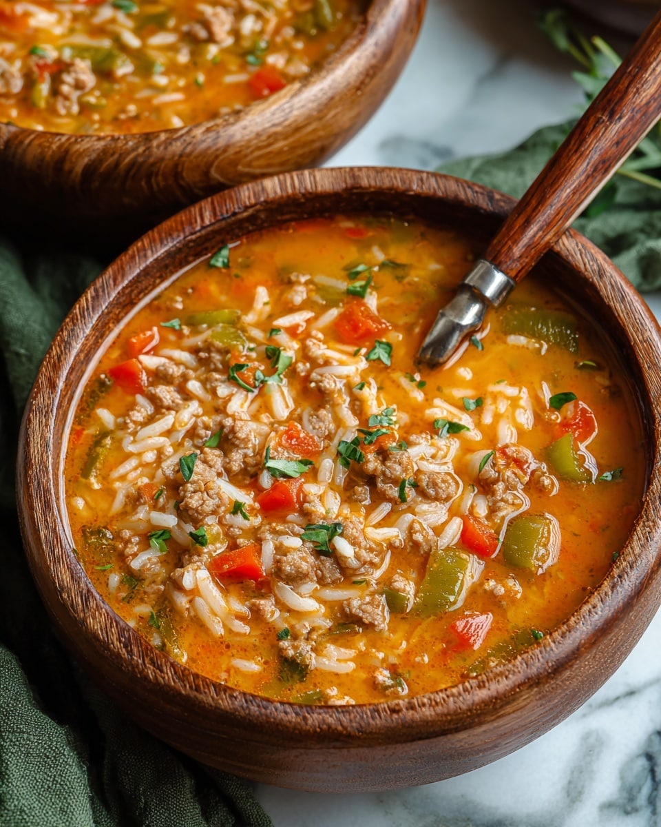 A close-up of a wooden bowl filled with thick soup that has a rich orange broth base. The soup contains visible cooked ground meat, small pieces of bright green and red bell peppers, and white rice mixed throughout. Small green herb leaves are sprinkled on top, adding texture and color. A spoon with a wooden handle rests inside the bowl. The bowl is placed on a white marbled surface with a green cloth beside it. Another similar bowl is slightly visible in the background. photo taken with an iphone --ar 4:5 --v 7