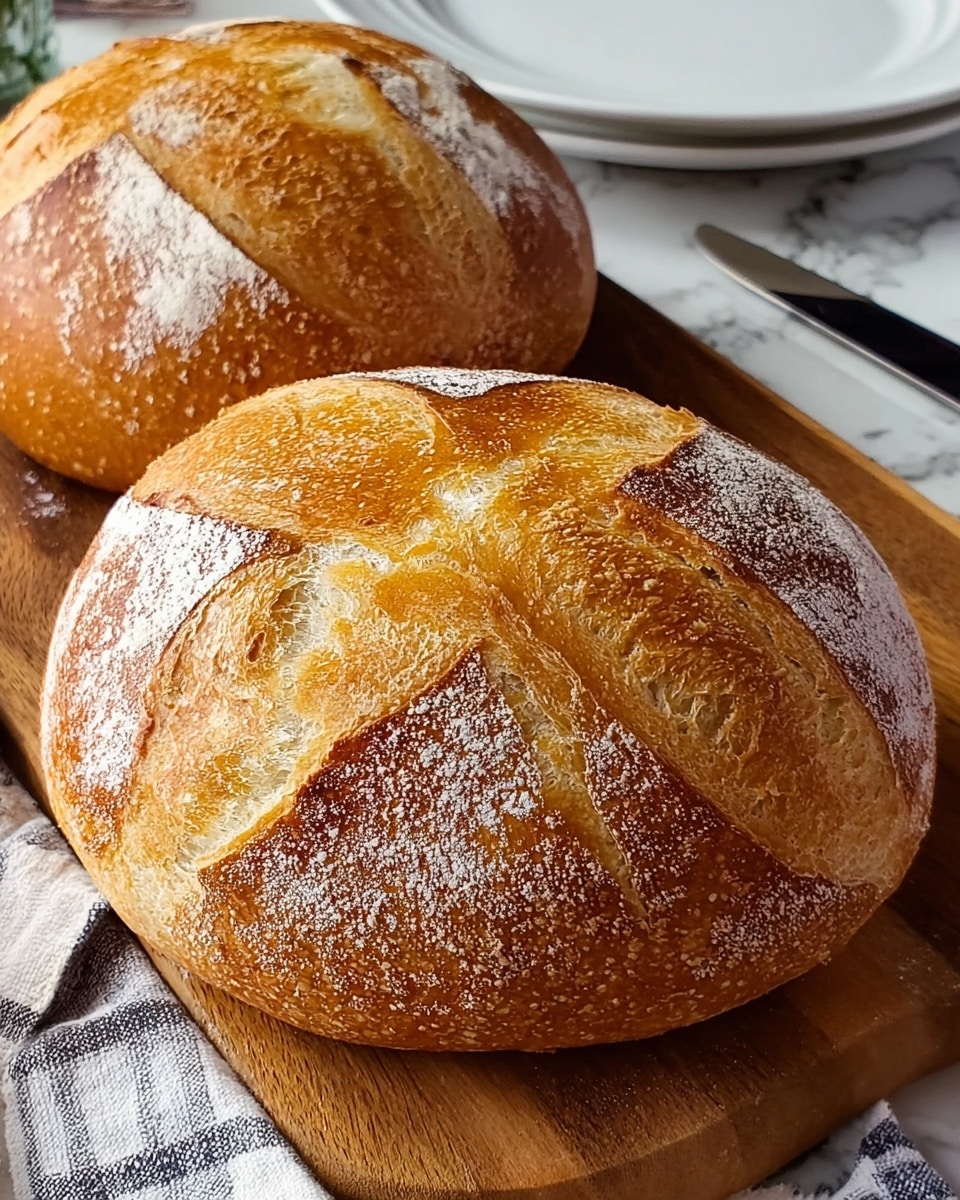 Two round loaves of bread rest on a wooden cutting board placed on a white marbled surface with a checkered cloth. Each loaf has a shiny golden brown crust with light cracks of creamy white inside showing, and a cross-shaped cut on the top that reveals a soft, pale interior. The bread looks fresh and crusty with a slight dusting of flour on parts of the crust. In the background, a white plate and silver knife are slightly blurred. Photo taken with an iphone --ar 4:5 --v 7