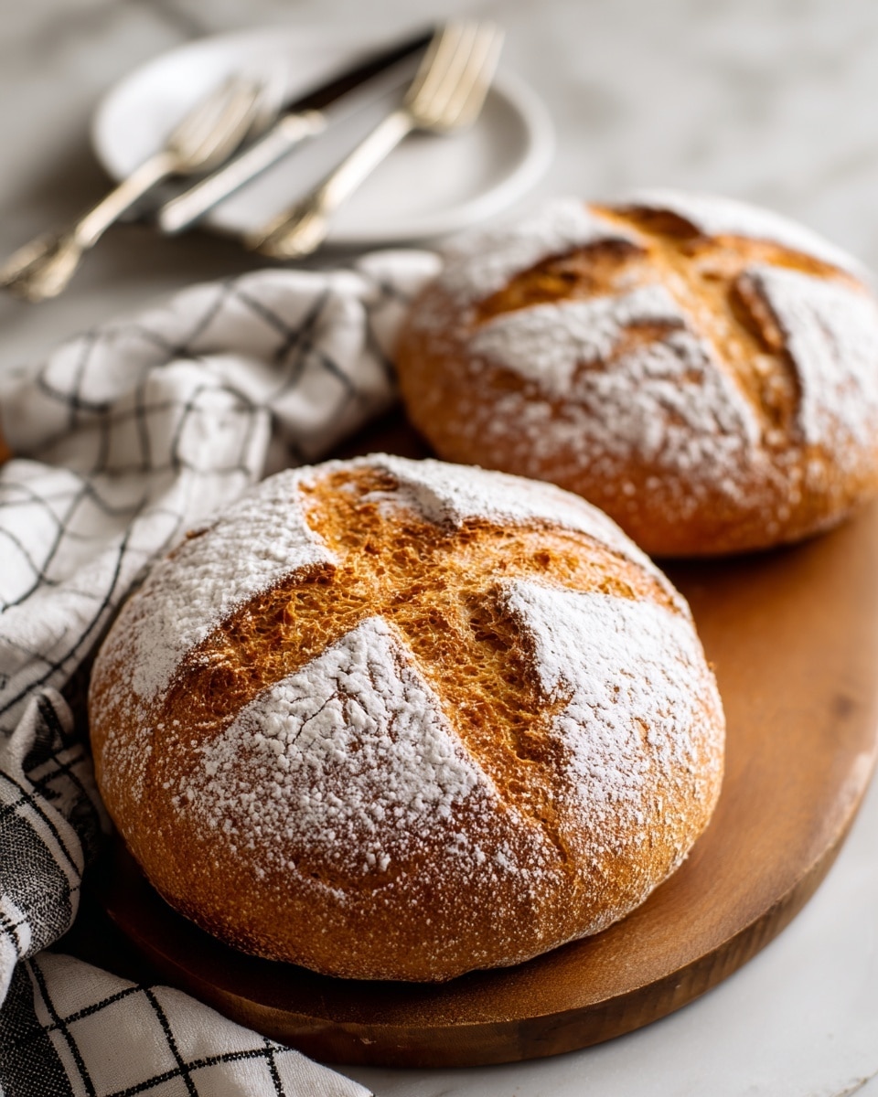 Two round loaves of bread with a golden brown crust and light dusting of flour sit on a wooden board. Each loaf has a textured, cracked surface with a large cross-shaped cut on top, showing a soft, lighter interior beneath the crust. The background includes a white marbled texture covered partially by a checkered cloth and a white plate with silver cutlery. The overall look is warm and rustic. photo taken with an iphone --ar 4:5 --v 7