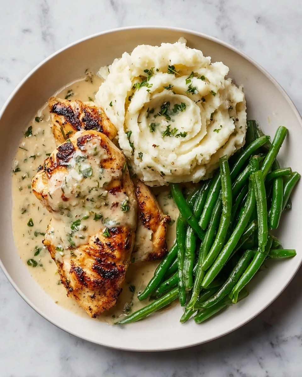 A white round plate holds a meal with three parts: on the left, two golden brown grilled chicken breasts with a slightly charred surface, covered partly with a light beige creamy sauce that has small green herb bits; in the middle, a thick layer of white mashed potatoes with some textured swirls on top, also topped with the same creamy sauce sprinkled with green herbs; on the right, a neat pile of bright green, glossy steamed green beans with a smooth texture. The plate sits on a white marbled surface. photo taken with an iphone --ar 4:5 --v 7