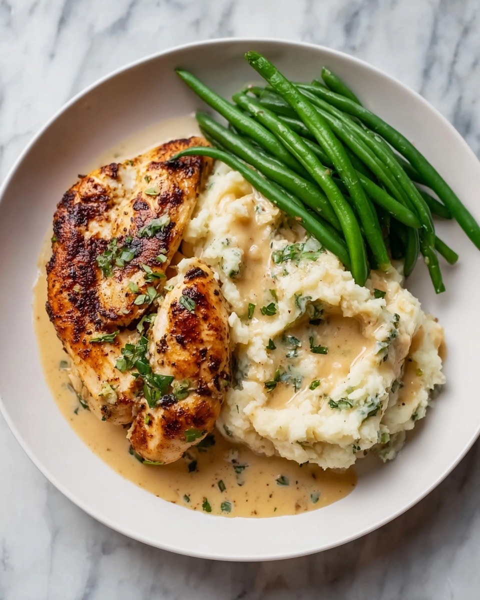 A white plate holds a meal with three main parts: on the left are two browned, grilled chicken breasts with a golden crust and some green herb bits on top; in the center is a creamy, light beige mashed potato pile with a textured, soft surface and fresh green herbs sprinkled inside and on top, covered partially by light brown gravy with specks of herbs; on the right is a neat stack of bright green beans with a smooth, shiny surface. The background is a white marbled texture. photo taken with an iphone --ar 4:5 --v 7