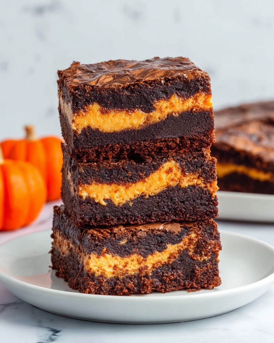 The image shows a stack of three thick brownie squares on a white plate, placed on a white marbled surface. Each brownie has three main layers: a rich, dark brown chocolate layer at the bottom, a bright orange creamy layer in the middle that looks smooth and slightly swirled, and another thick dark chocolate layer on top, with a slightly cracked and textured surface. The sides of the brownies show a moist and dense texture with visible crumbs. In the blurred background, there are two small orange pumpkins. Photo taken with an iphone --ar 4:5 --v 7