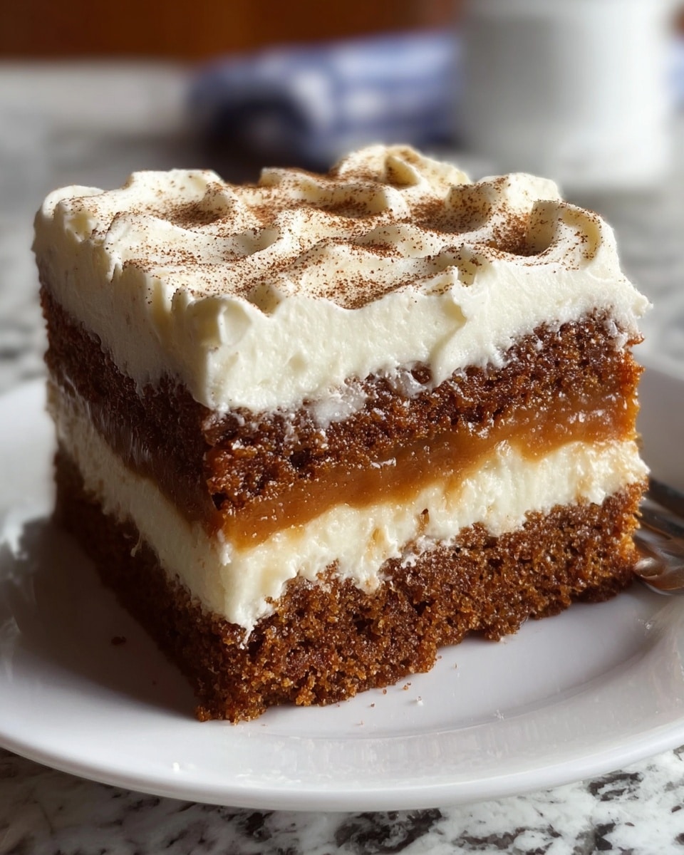 A close-up of a three-layer square slice of cake on a white plate, set on a white marbled surface. The bottom layer is a moist, textured dark brown cake base, followed by a middle layer of creamy white frosting mixed with a slightly darker caramel-colored filling, and the top layer is a thick, smooth white frosting spread with ridges and sprinkled with a light dusting of brown spice powder, likely cinnamon. The layers are even and the cake looks soft and rich. Photo taken with an iphone --ar 4:5 --v 7