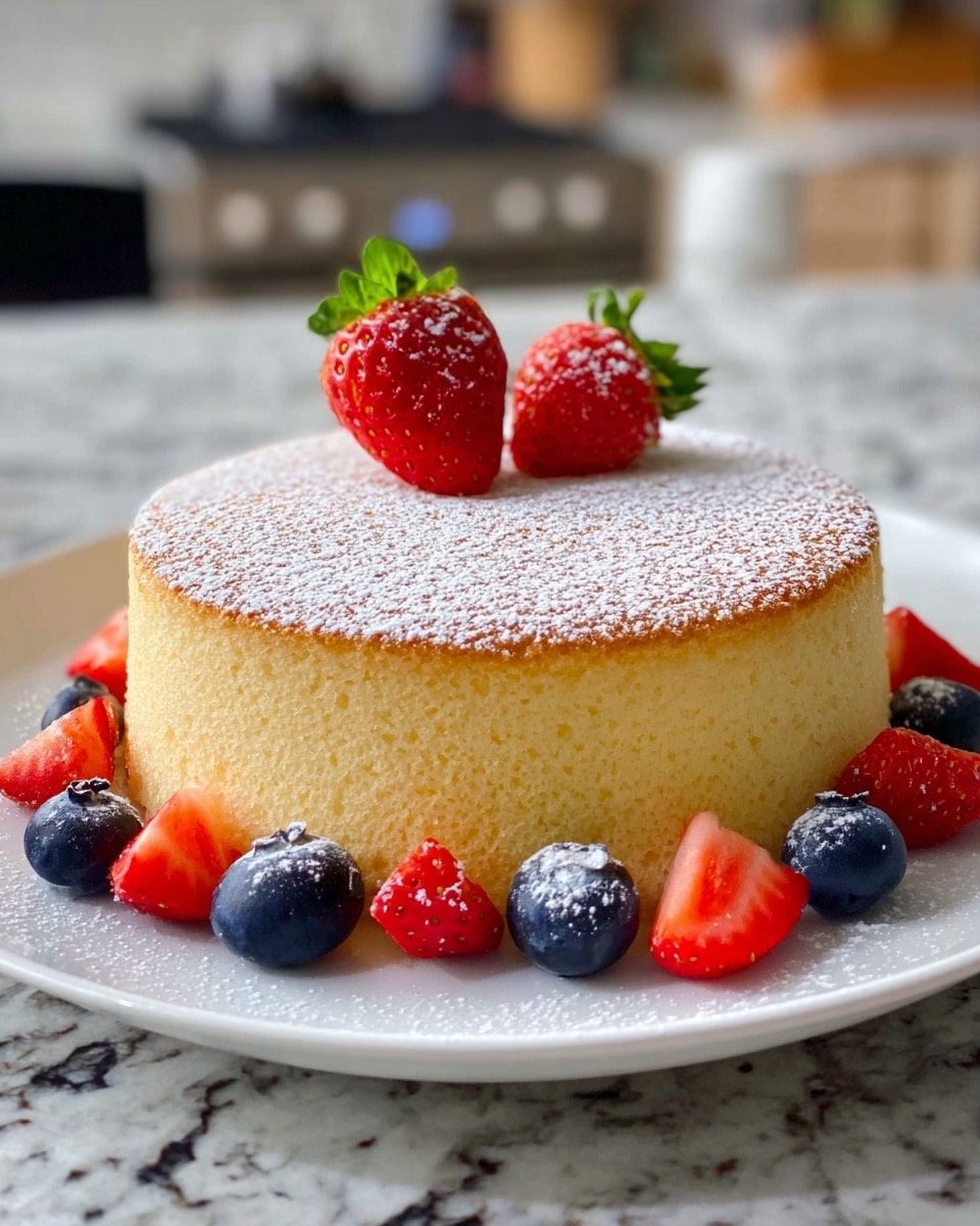 A single-layer round sponge cake with a light golden brown top dusted evenly with powdered sugar, sitting on a white plate. The cake's sides show a soft, spongy texture in pale yellow. The top center has two bright red strawberries with green leaves, and the plate is decorated around the cake with alternating strawberries and blueberries, adding vibrant red and deep blue colors. The plate rests on a white marbled textured surface with a blurred kitchen background. photo taken with an iphone --ar 4:5 --v 7
