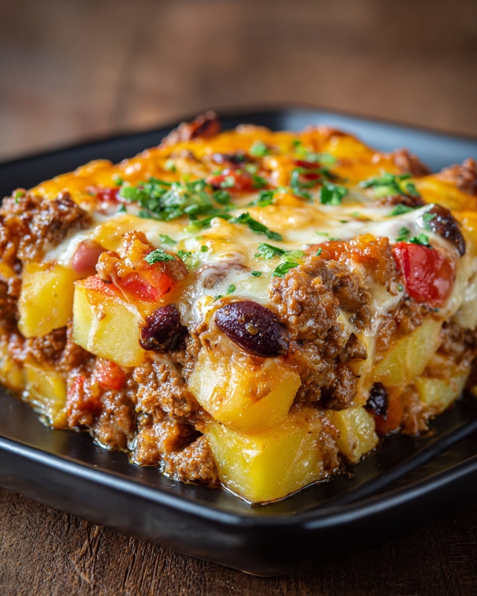 A close-up view of a black rectangular dish filled with a layered chili casserole, showing three main layers: the base layer has chunky light yellow potato pieces along with brown beans and visible red tomato chunks mixed with browned ground beef; the middle layer is melted creamy yellow and white cheese spread unevenly over the meat and potatoes; the top layer is garnished with small bits of chopped green herbs, adding freshness. The texture looks thick and hearty with a rich mix of colors and softness. Photo taken with an iphone --ar 4:5 --v 7