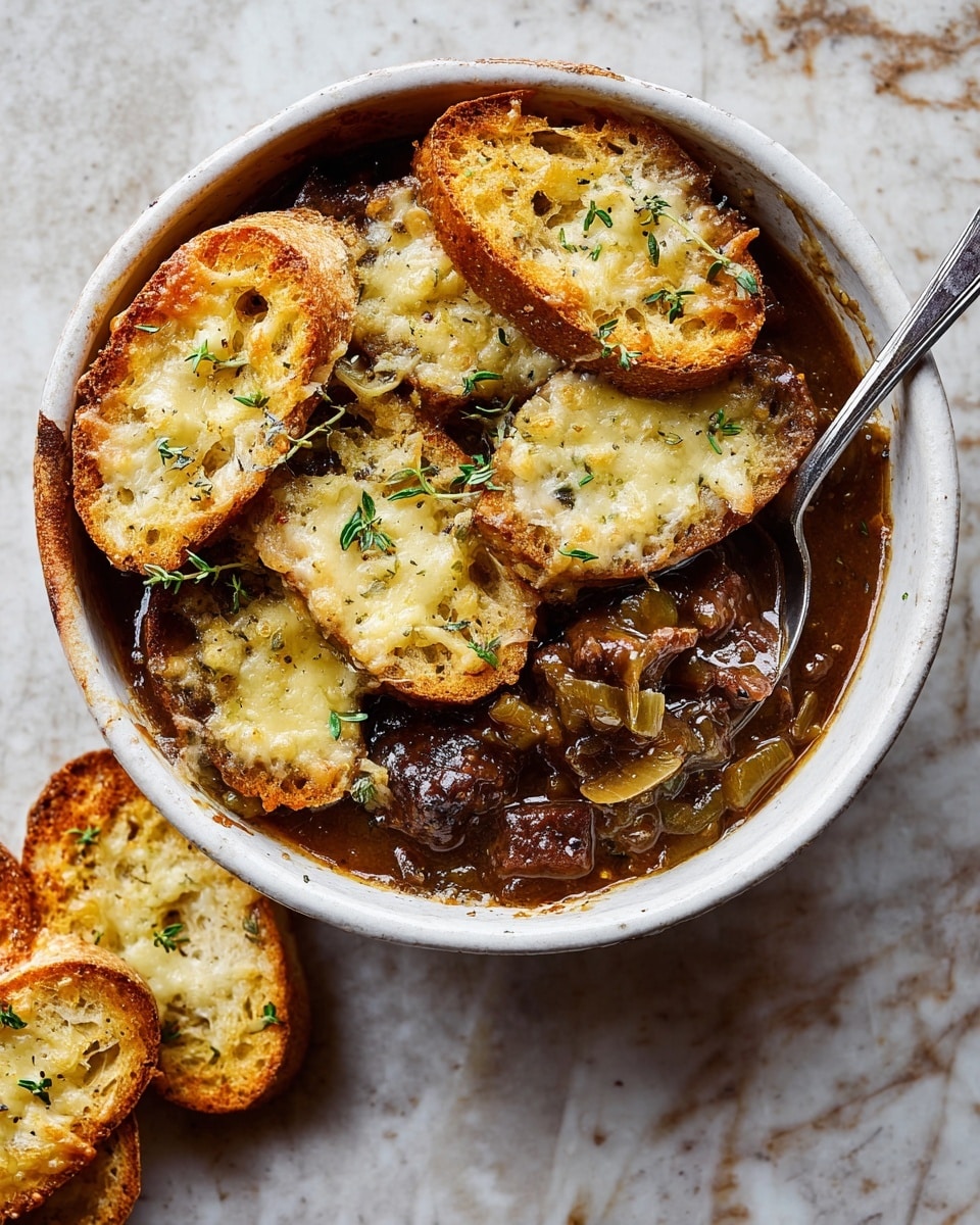 The dish is served in a round white ceramic bowl filled with rich brown beef stew, showing tender meat chunks and caramelized onions as the bottom layer. On top, there are six slices of toasted baguette arranged to cover most of the stew, each slice golden brown with a bubbly layer of melted cheese that is light yellow with scattered darker browned spots. Small green herb sprigs, likely thyme, are sprinkled over the cheese, adding a fresh touch. A silver spoon is placed inside the bowl, partially submerged in the stew next to the toast. Some cheese toast slices are seen outside the bowl on the white marbled texture surface. photo taken with an iphone --ar 4:5 --v 7