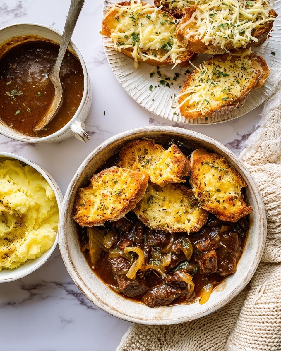 A rustic white bowl filled with dark brown beef stew, topped with five toasted bread slices layered with melted golden-yellow cheese sprinkled with herbs and black pepper, with caramelized onions scattered around the stew. Above the bowl, a white plate holds three toasted bread slices, one piled with shredded pale yellow cheese and two with melted cheese and herbs. To the left, a white bowl contains rich brown sauce and a metal spoon resting inside. At the bottom left, a white dish holds creamy yellow mashed potatoes with little black pepper and green herb bits. Everything is set on a white marbled surface with a light beige knitted cloth on the right side. Photo taken with an iphone --ar 4:5 --v 7