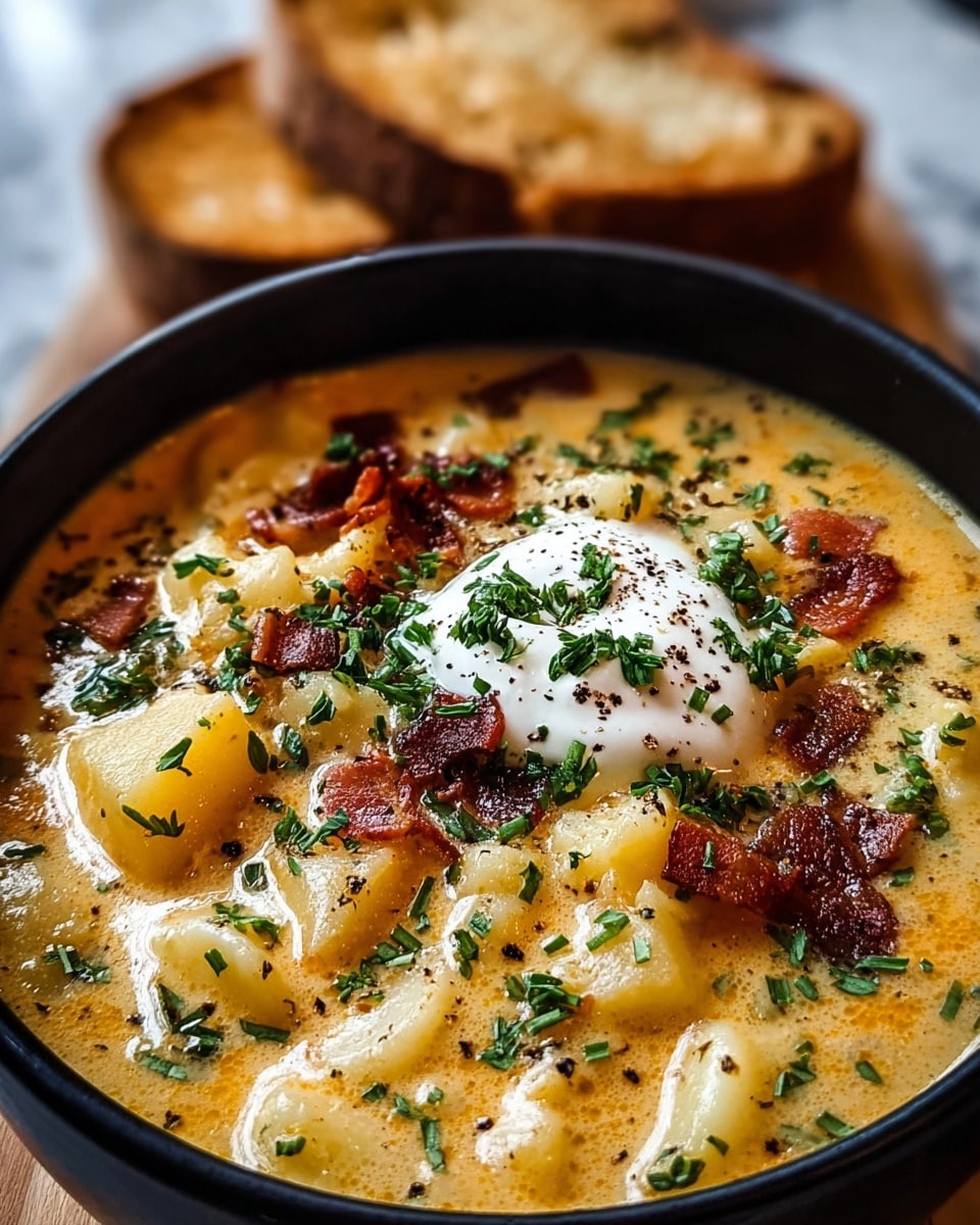 A close-up view of a bowl of creamy soup with three main layers: a rich, light orange-yellow creamy base filling the bowl, chunky pieces of pale yellow potatoes and macaroni pasta mixed throughout, and a topping layer with small crispy dark brown bacon bits, a dollop of white sour cream, and sprinkled bright green chopped herbs. The soup has black pepper specks all over. It is served in a black bowl placed on a wooden board with two slices of toasted bread blurred in the background, all on a white marbled texture. photo taken with an iphone --ar 4:5 --v 7