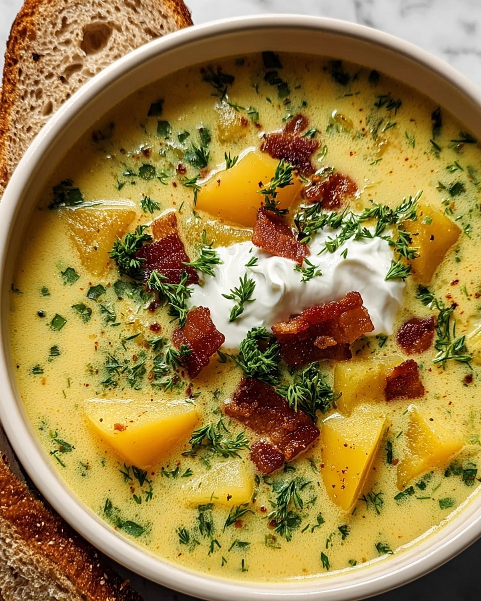 A close-up of a bowl with creamy soup as the base layer, light yellow with a smooth texture mixed with green herb specks, filled with chunky yellow potato pieces scattered evenly across. On top of this, there are small, crispy brown bacon bits clustered mostly in the center, and a dollop of white sour cream placed near the bacon. Fresh green herb sprigs are sprinkled all over, adding a vibrant touch. The bowl is white, and two slices of brown bread with visible seeds are resting at the bowl's edge. The background has a white marbled texture. photo taken with an iphone --ar 4:5 --v 7