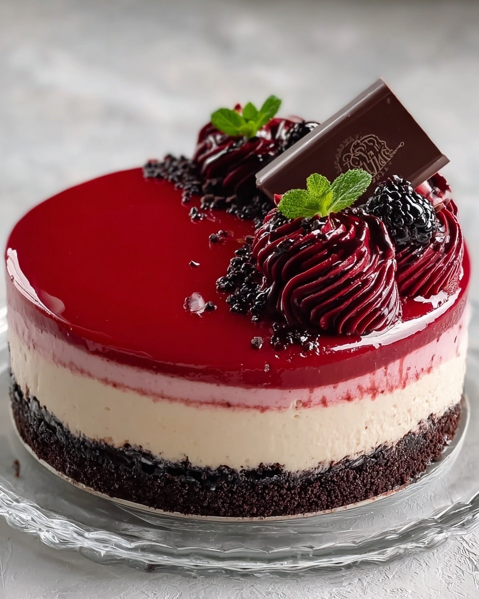 The image shows a round cake with three clear layers on a clear glass plate atop a white marbled texture. The bottom layer is a thick, dark chocolate crumb base with a rough texture. Above it is a thick, light cream layer that looks soft and smooth. The top layer is a shiny, bright red glaze that is smooth and glossy. On one side of the cake, there are dark red creamy swirls with a slightly matte finish, decorated with blackberries and small dark crumbs. A small mint leaf adds a touch of green on top, and a piece of dark chocolate with text is angled into the red cream. Photo taken with an iphone --ar 4:5 --v 7