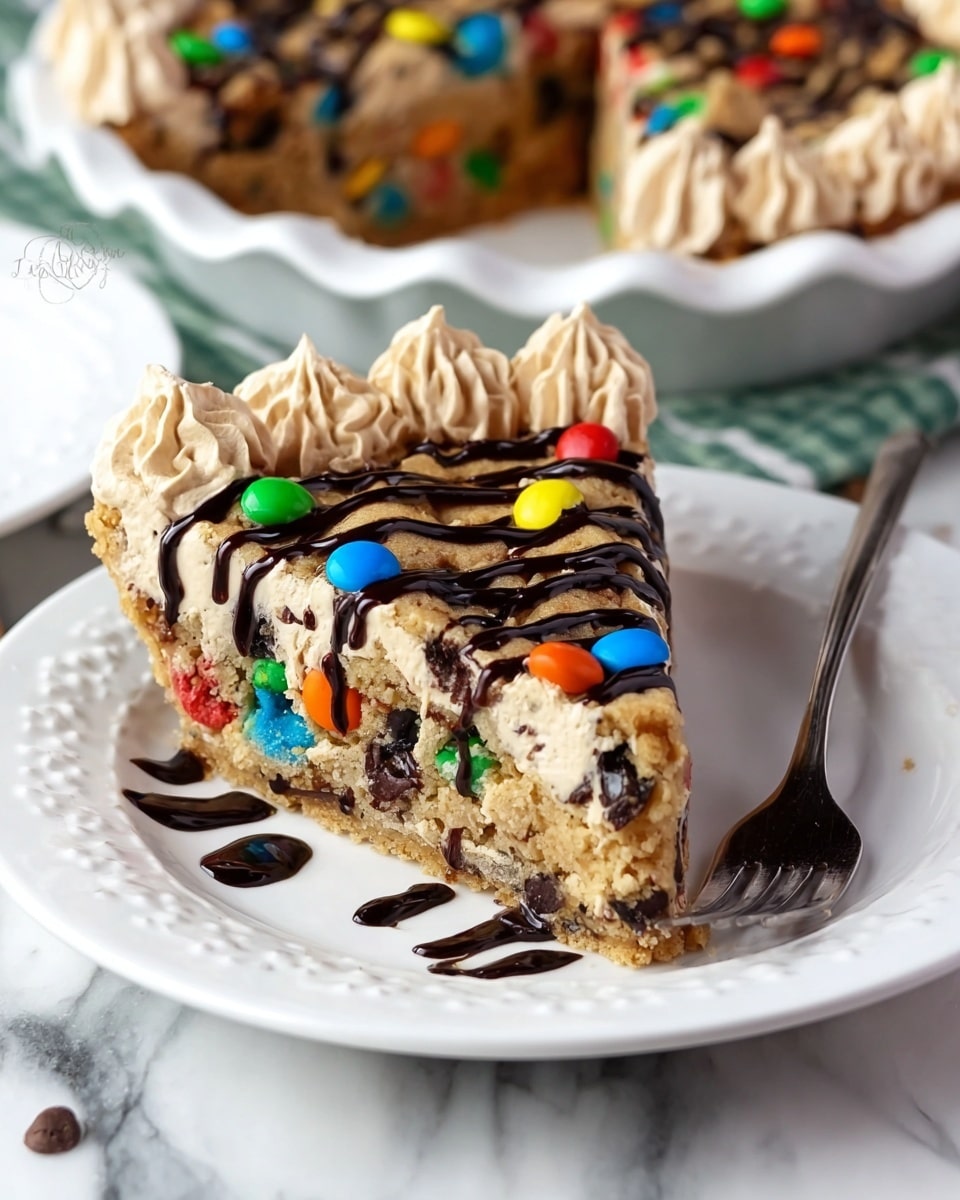 A slice of thick, dense cookie pie rests on a white plate with a delicate edge pattern, placed on a white marbled surface. The pie has two main layers: a rich, golden-brown cookie dough base mixed with colorful candy-coated chocolates like blue, green, yellow, red, and orange scattered throughout, creating a textured look, and a creamy frosting layer on top that is light beige with swirls piped along the outer edge. Both the slice and frosting are drizzled with dark chocolate sauce, adding a shiny contrast, and some chocolate sauce pools slightly on the plate. A silver fork lies beside the slice on the plate's right side. In the background, the rest of the pie is visible in a white dish with a scalloped edge. Photo taken with an iphone --ar 4:5 --v 7