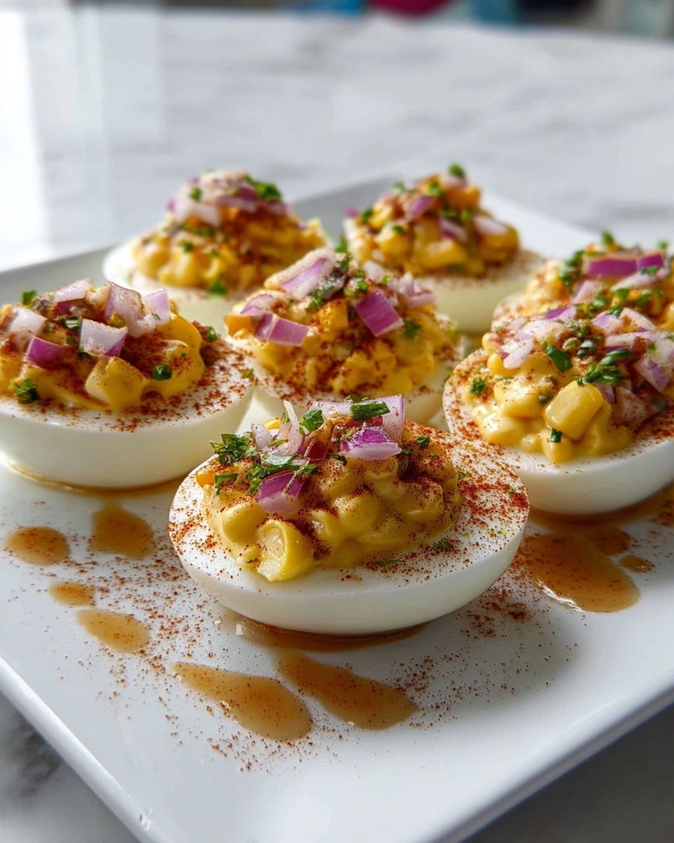 The image shows six halved hard-boiled eggs served on a white square plate placed on a white marbled surface. Each egg has a smooth white outer layer, filled with a bright yellow creamy yolk mixture topped with small pieces of fresh red onion and yellow corn. A light brown sauce is drizzled over the eggs, with some drops on the plate. The eggs are garnished with a sprinkle of reddish-brown powder and finely chopped green herbs, adding a textured contrast. The background is softly blurred, focusing on the eggs' details. Photo taken with an iphone --ar 4:5 --v 7