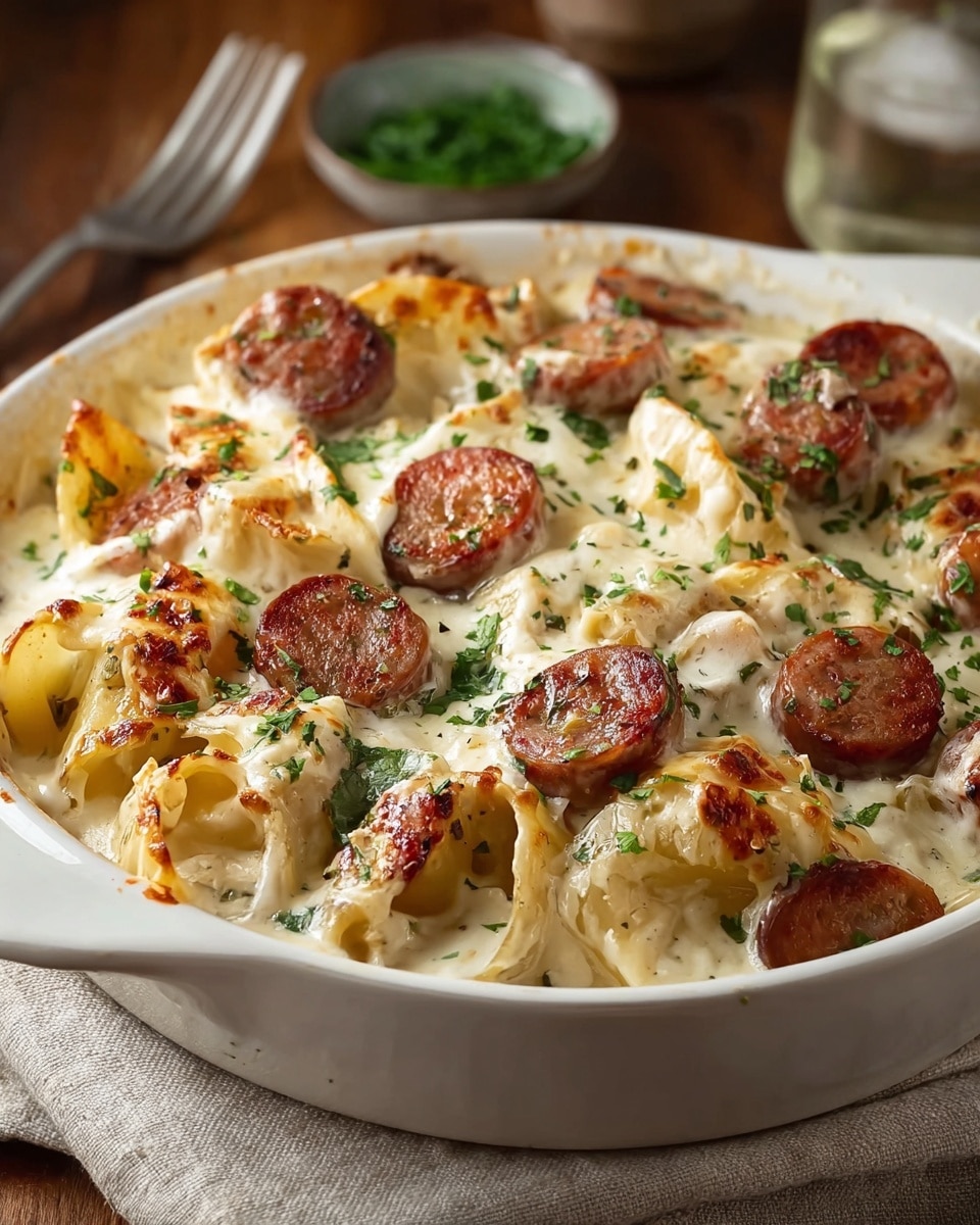 A white bowl filled with layered baked pasta covered in creamy white sauce with golden-browned spots on top, scattered with round, browned sausage slices that have a slightly crisp surface, and sprinkled with chopped green herbs evenly spread over the dish. The pasta pieces are visible under the sauce in thick layers, some curled with a slightly translucent texture. The bowl sits on a beige cloth over a wooden table, with a blurred green garnish cup and a glass in the background on a white marbled texture. The overall look is warm, creamy, and inviting. photo taken with an iphone --ar 4:5 --v 7