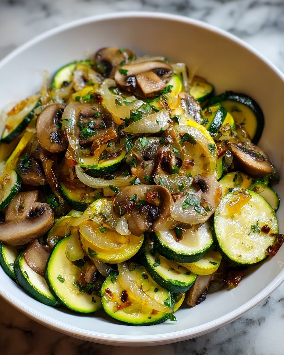 A white bowl filled with a mix of sautéed vegetables, showing about three layers of sliced zucchini, browned mushrooms, and caramelized onions. The bottom layer is mostly green and yellow zucchini slices with a soft, slightly shiny texture. On top of that, there are light brown mushrooms with a cooked look, and translucent, golden-brown onions scattered throughout. Some small green herbs are sprinkled over all the vegetables, adding a fresh touch. The bowl sits on a surface with white marbled texture. photo taken with an iphone --ar 4:5 --v 7