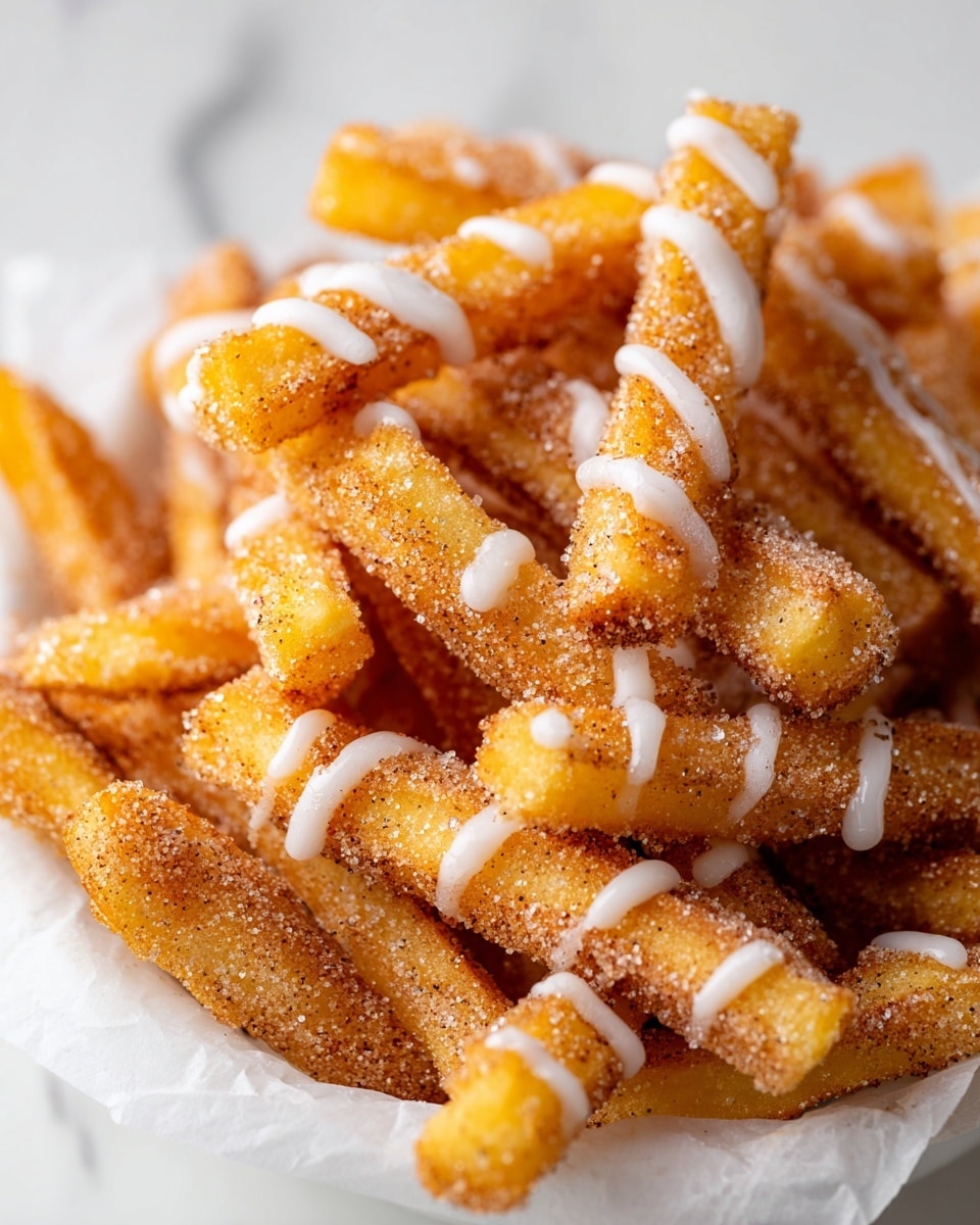 A close-up view of golden yellow churro fries stacked in a white bowl lined with parchment paper, each piece coated with a fine layer of cinnamon sugar that gives them a light brown speckled texture. Thin white icing is drizzled in uneven lines over the fries, adding a glossy contrast to the rough, sugar-coated surface. The fries vary slightly in length and thickness, piled haphazardly to create a textured, inviting look. The background is a white marbled texture, soft and clean, putting full focus on the warm tones of the churro fries. photo taken with an iphone --ar 4:5 --v 7