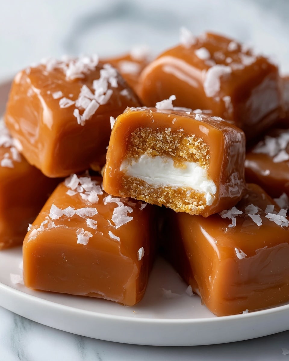 The image shows several square caramel candies placed closely together on a white plate, each candy coated with a smooth, shiny caramel layer in a rich amber-brown color and topped with small white flakes. One candy is partially bitten to reveal three layers inside: the outer caramel layer, a middle layer of golden-brown crumbly texture, and a creamy white filling in the center. The white plate is set on a surface with a white marbled texture. photo taken with an iphone --ar 4:5 --v 7