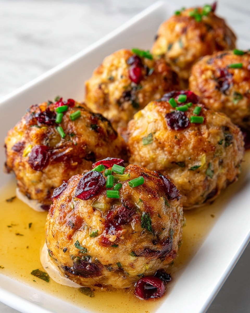 A close-up view of several round, golden-brown baked balls placed close together on a white rectangular plate over a white marbled surface. Each ball has a textured surface showing small pieces of green celery, red cranberries, and herbs mixed inside. The balls have a slightly crispy crust with a moist interior, and they are garnished with small pieces of chopped green chives on top. There is a light glaze or sauce pooled beneath the balls on the plate, giving a shiny look. Photo taken with an iphone --ar 4:5 --v 7
