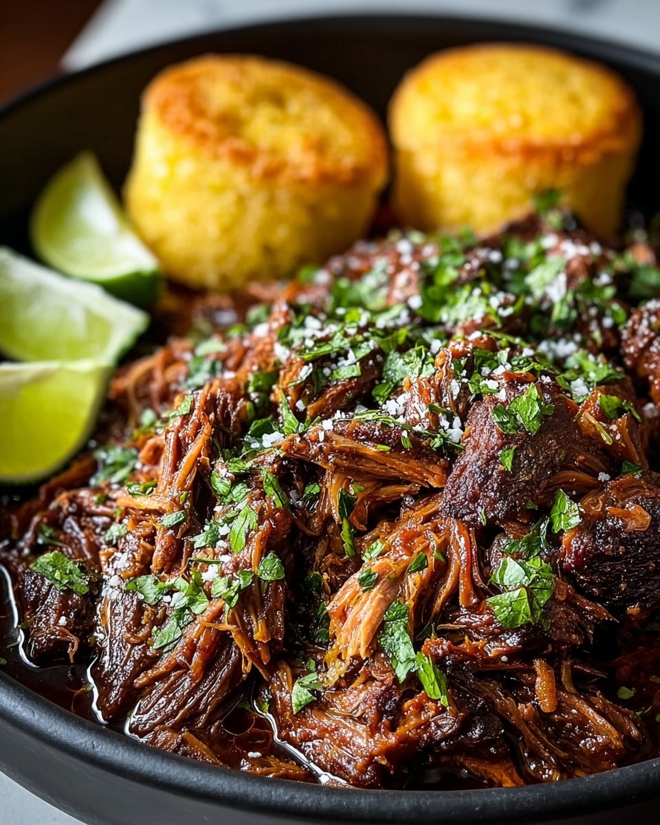 The image shows a black round dish filled with shredded, tender dark brown meat covered in a shiny sauce, topped with chopped green herbs and coarse white salt crystals. Behind the meat, there are two yellow cornbread rounds with a slightly golden brown top crust, and to the side, there are two lime wedges showing light green skin and pale green inside. Everything is placed on a white marbled textured surface. Photo taken with an iphone --ar 4:5 --v 7