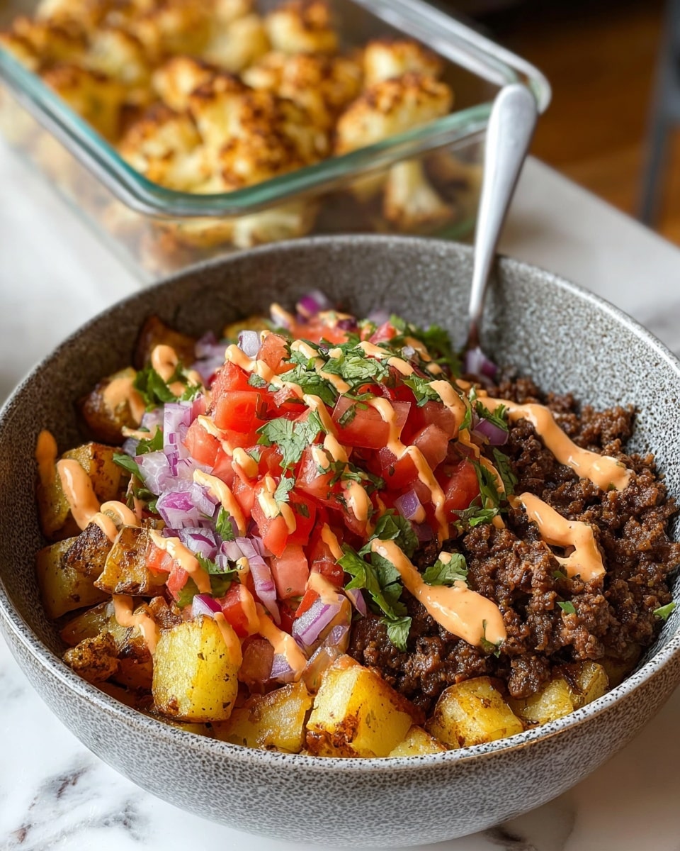 A close-up of a bowl with three visible layers on a white marbled surface; the bottom layer is golden-brown seasoned cubed potatoes with a crispy texture, the middle layer is dark brown cooked ground beef, and the top layer is a fresh mix of bright red diced tomatoes, purple chopped onions, and green cilantro leaves. Light orange creamy sauce is drizzled on top in thin lines, adding contrast. The bowl is gray with a speckled finish and has a silver spoon inside. In the background, there is a clear container with golden baked cauliflower. Photo taken with an iphone --ar 4:5 --v 7