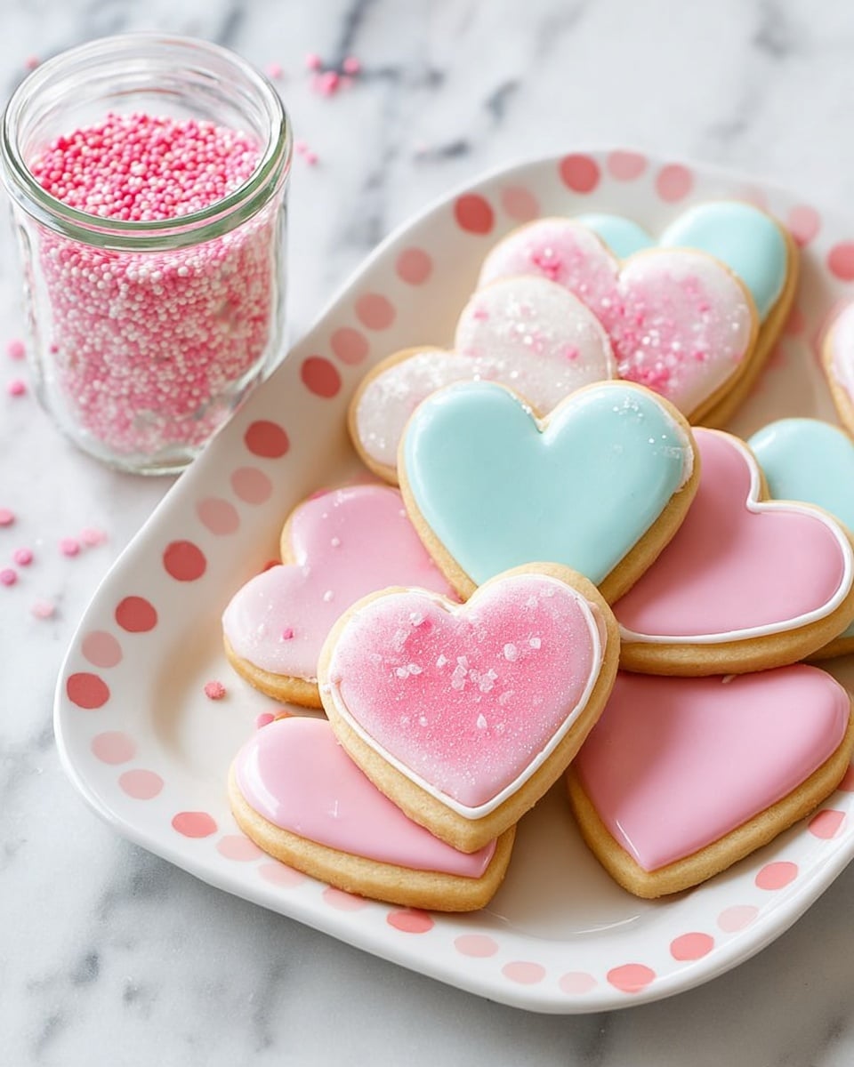 A white plate with pink polka dots holds heart-shaped sugar cookies decorated with smooth pastel icing in soft pink, light blue, and white, some with a dusting of pink sugar sprinkles for texture; the cookies are stacked slightly uneven, showcasing their golden-baked edges, and next to the plate is a small clear glass jar filled with tiny round pink sprinkles, all set on a white marbled surface. photo taken with an iphone --ar 4:5 --v 7