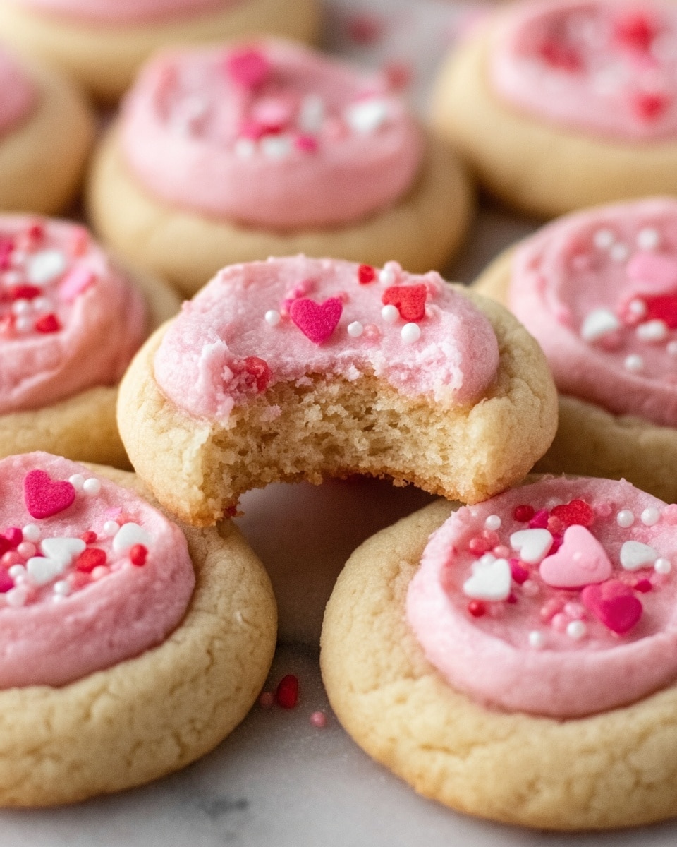 The image shows a group of soft thumbprint cookies arranged closely on a white marbled surface. Each cookie has one thick layer of golden brown baked dough forming a small cup shape, with a smooth, slightly domed layer of light pink frosting filling the center. The frosting is decorated with tiny, red, white, and pink heart-shaped sprinkles scattered on top. One cookie in the center has a bite taken out, revealing a soft, chewy texture inside. Photo taken with an iphone --ar 4:5 --v 7