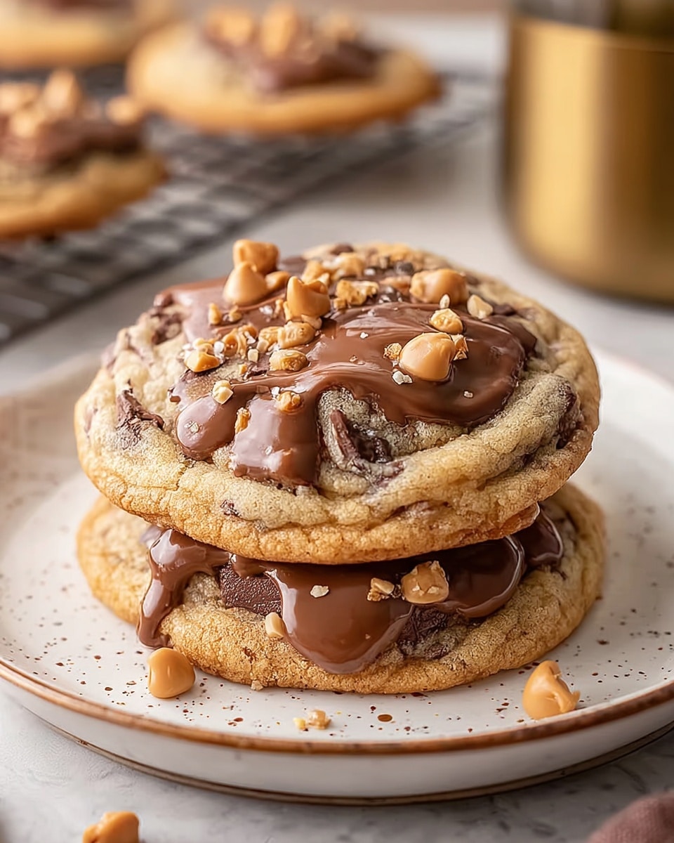 Two thick chocolate chip cookies sit stacked slightly on a white plate with small brown speckles. Each cookie has a golden-brown base filled with dark chocolate chunks. The top cookie is covered with a thick, shiny layer of melted milk chocolate, sprinkled with light brown caramel chips and small crunchy nut pieces. The scene is set against a white marbled textured surface, with a blurred cooling rack and a golden container in the background. photo taken with an iphone --ar 4:5 --v 7