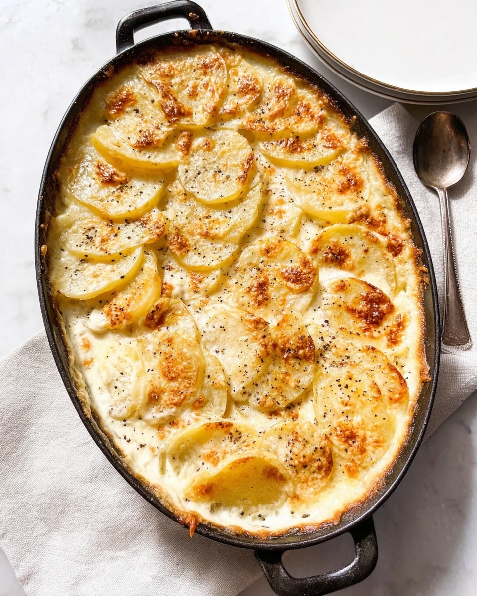 The image shows a baked dish in a dark oval cast iron skillet with a creamy potato gratin. There are multiple thin layers of light golden yellow potato slices arranged in an overlapping pattern across the entire pan. The potatoes are covered with a bubbly, browned cream sauce that has a slightly crispy texture in spots and is sprinkled with a bit of black pepper. The skillet is placed on a soft light-colored cloth on a white marbled surface. Next to it is a spoon and a white plate partly visible. The overall look is warm, creamy, and inviting. photo taken with an iphone --ar 4:5 --v 7