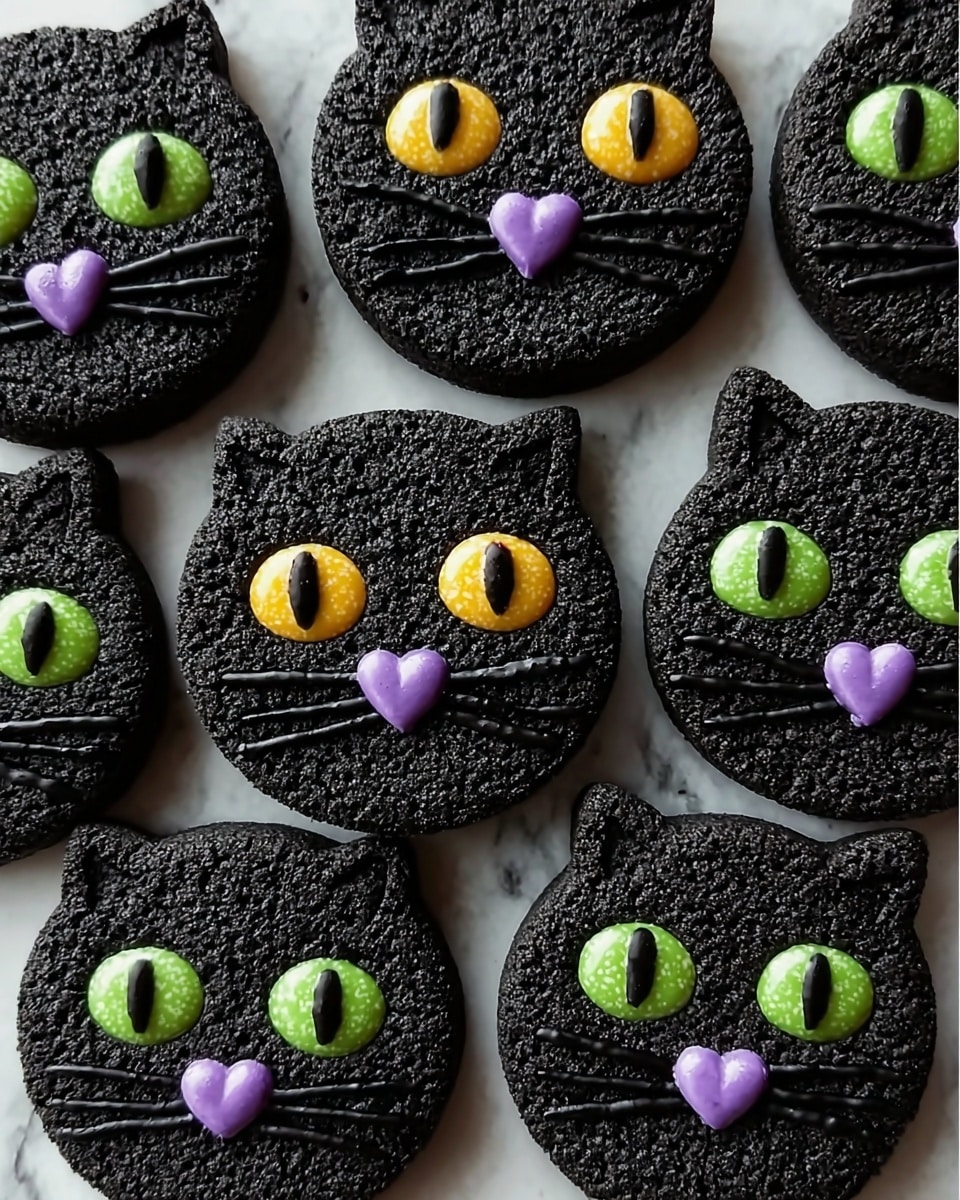 The image shows a group of round, black cookies shaped like cat faces, each with small pointed ears at the top. The cookies have a rough texture with embossed patterns on the surface. Each cat face has two large, shiny, half-yellow and half-green eyes with black vertical slits in the center. Below the eyes is a small, shiny purple heart-shaped nose, and six thin black licorice whiskers extend from around the nose, three on each side. The cookies are arranged closely together on a sheet against a white marbled texture. photo taken with an iphone --ar 4:5 --v 7